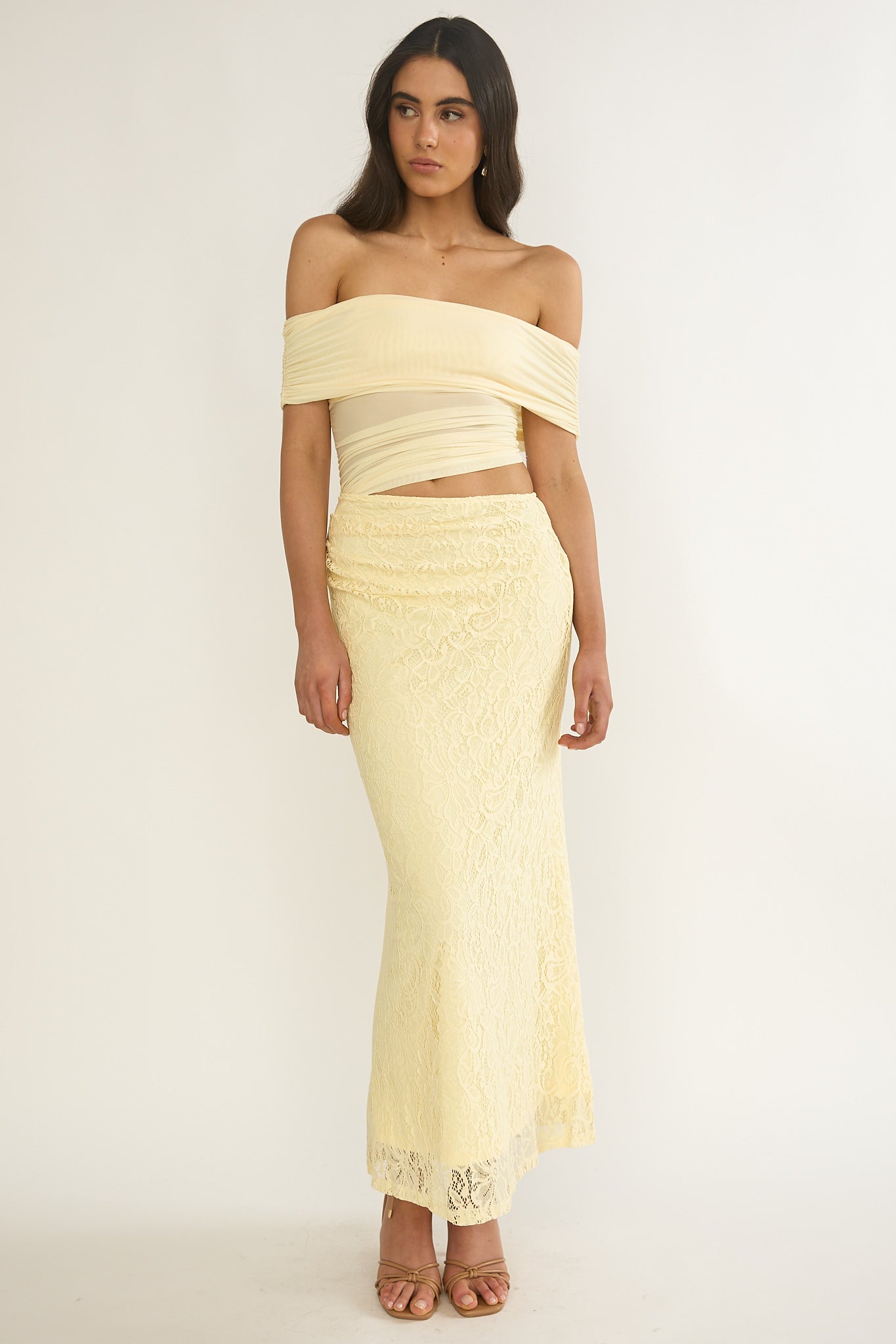 Lorely Off-Shoulder Lace Maxi Dress Butter by Selfie Leslie