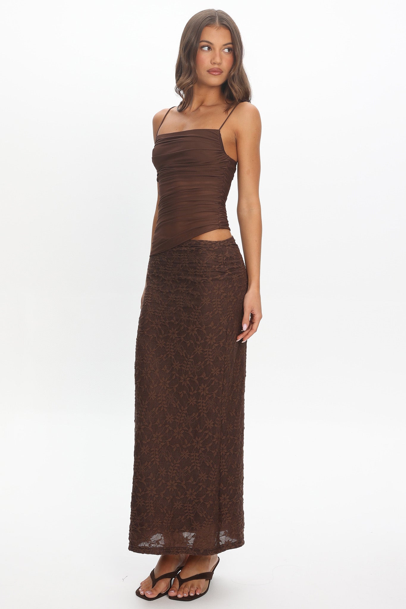 Lorely Cami Strap Mesh Maxi Dress Chocolate