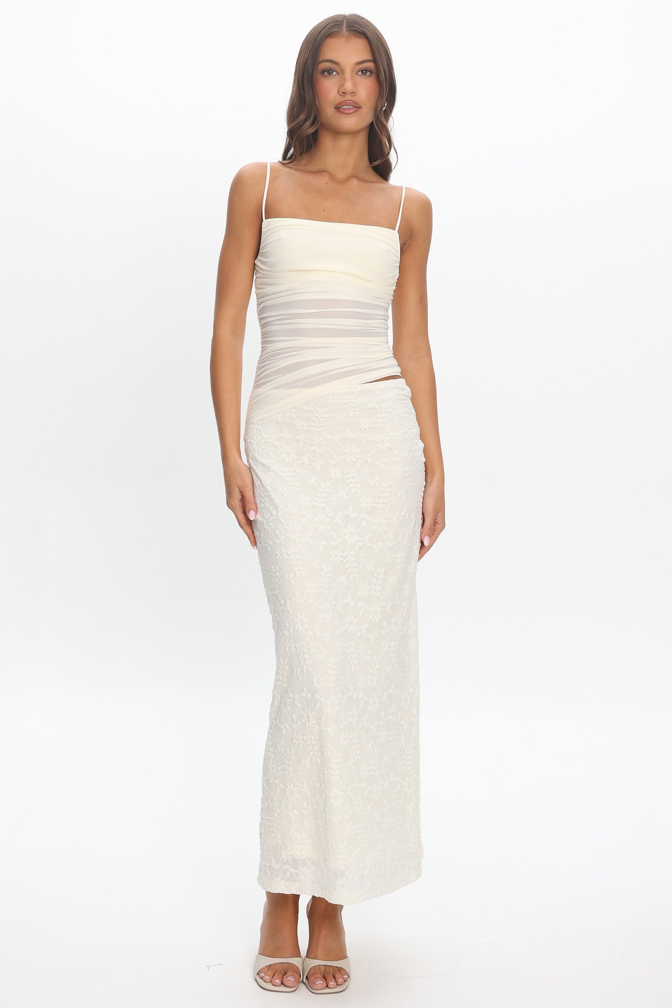 Lorely Cami Strap Mesh Maxi Dress Cream