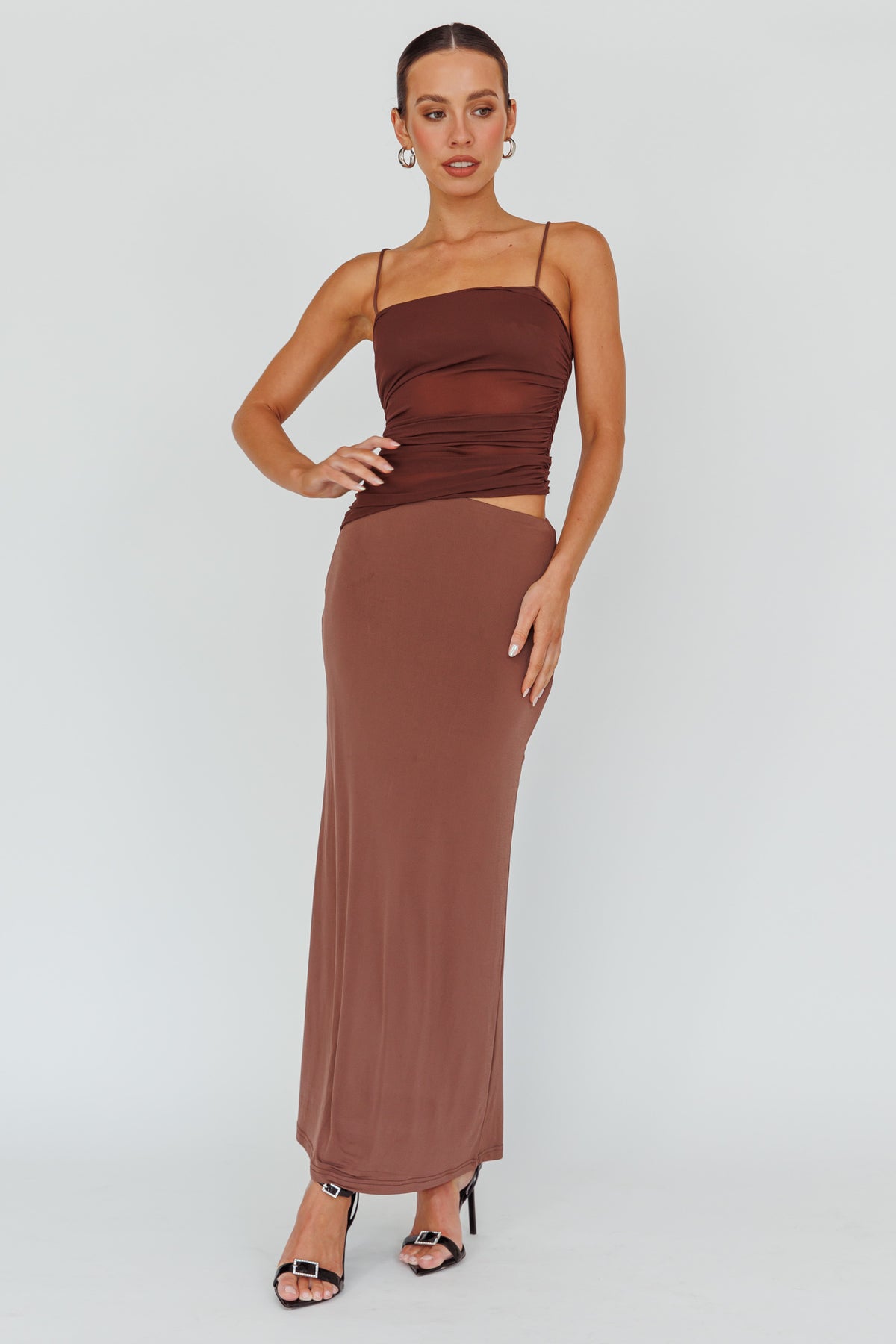 ruched brown midi dress Lorely Bodice Miley Cyrus Wears Little Promo Size:Large Long Team it with strappy