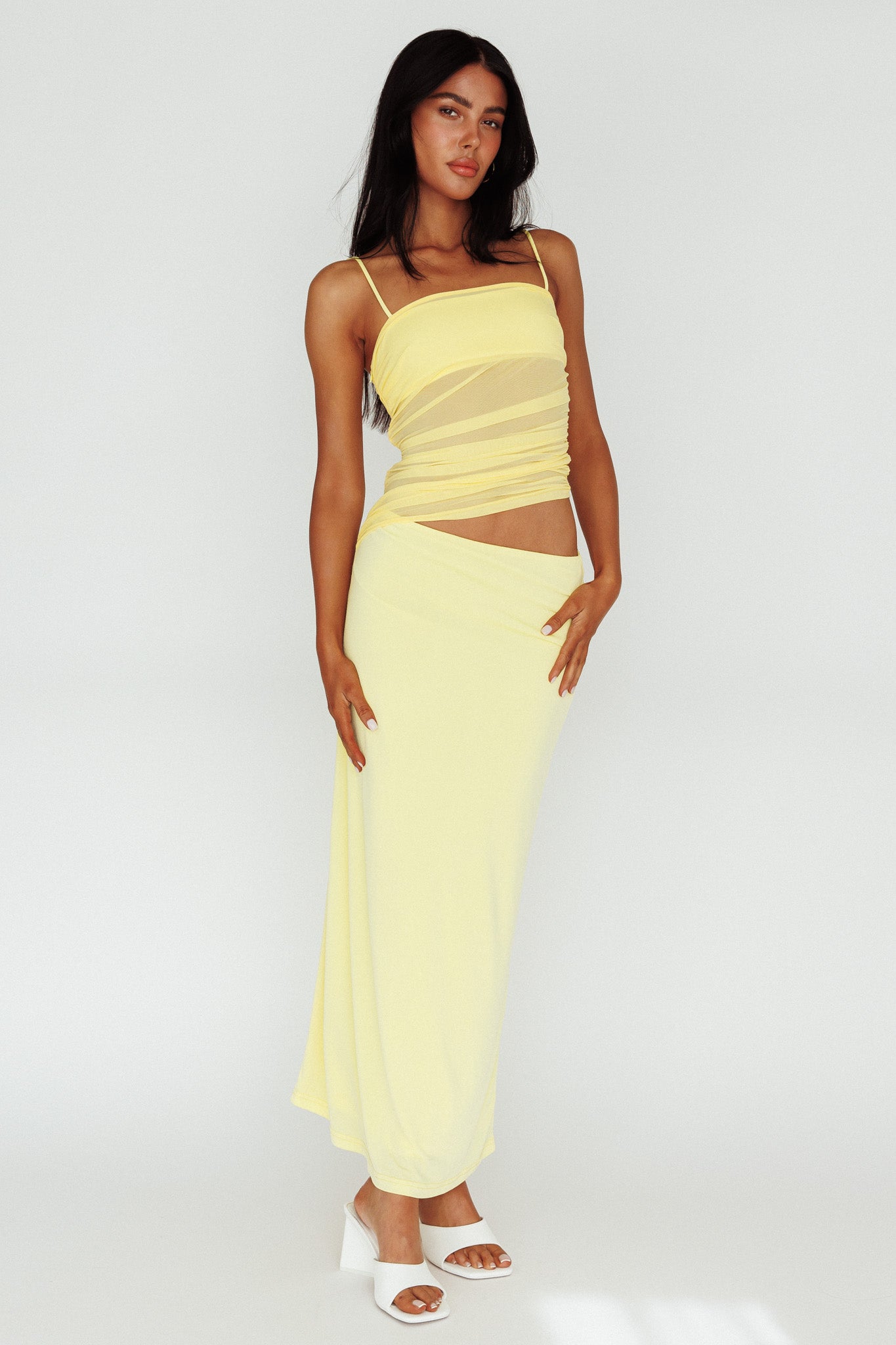 Lorely Ruched Bodice Midi Dress Yellow by Selfie Leslie