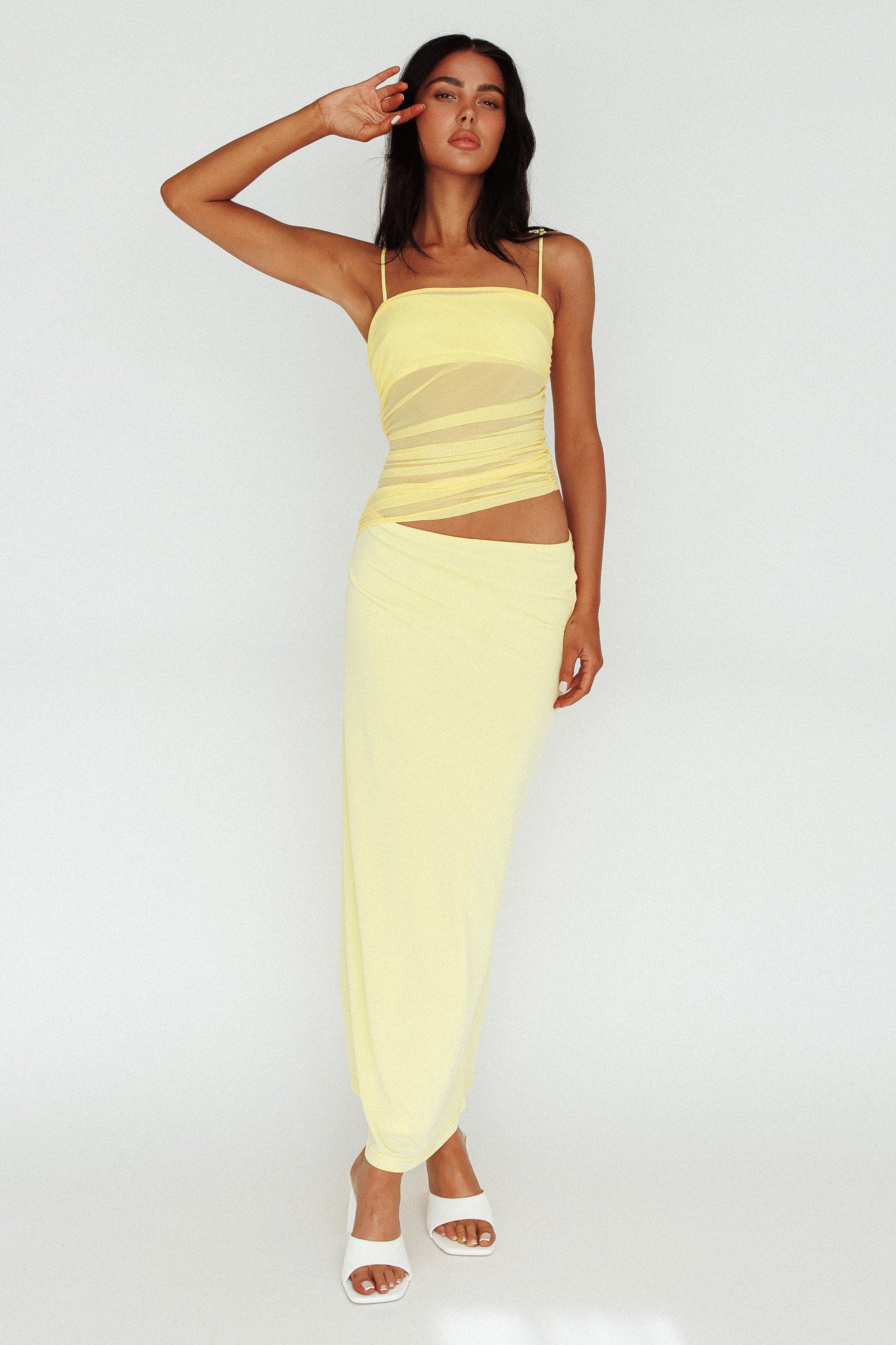 Lorely Ruched Bodice Midi Dress Yellow by Selfie Leslie