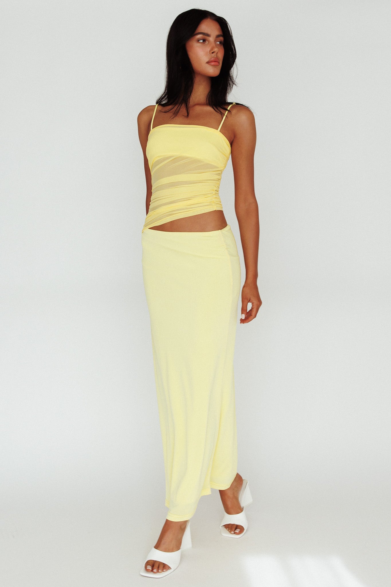 Lorely Ruched Bodice Midi Dress Yellow by Selfie Leslie
