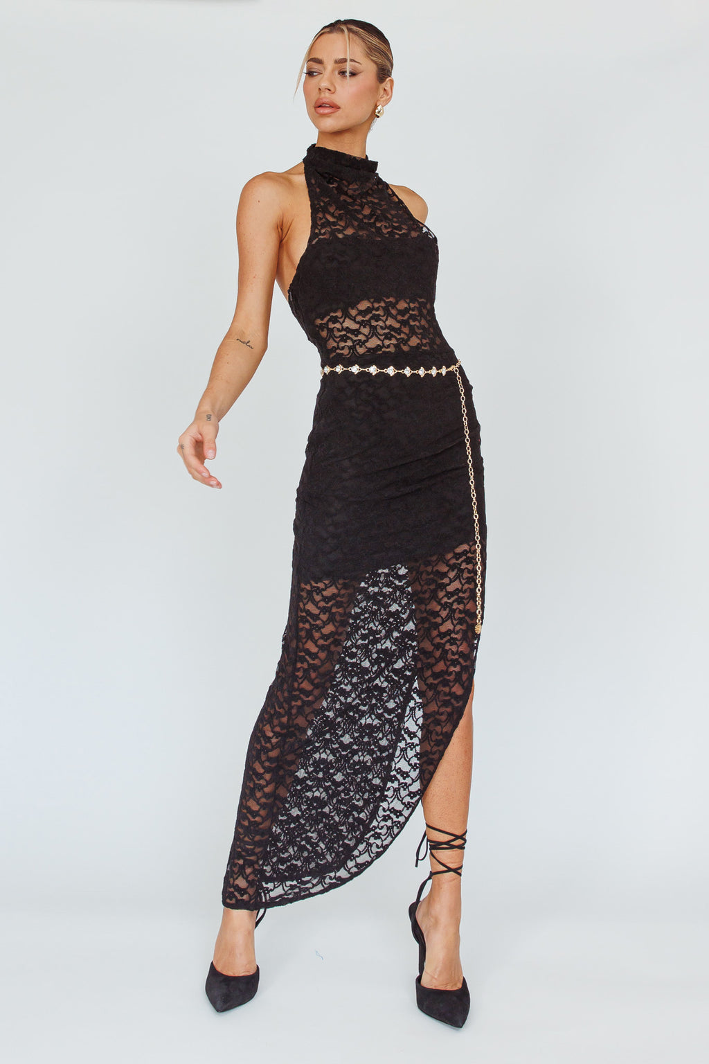 Tokyo Dreams Lace Halter Maxi Dress Black by Selfie Leslie
