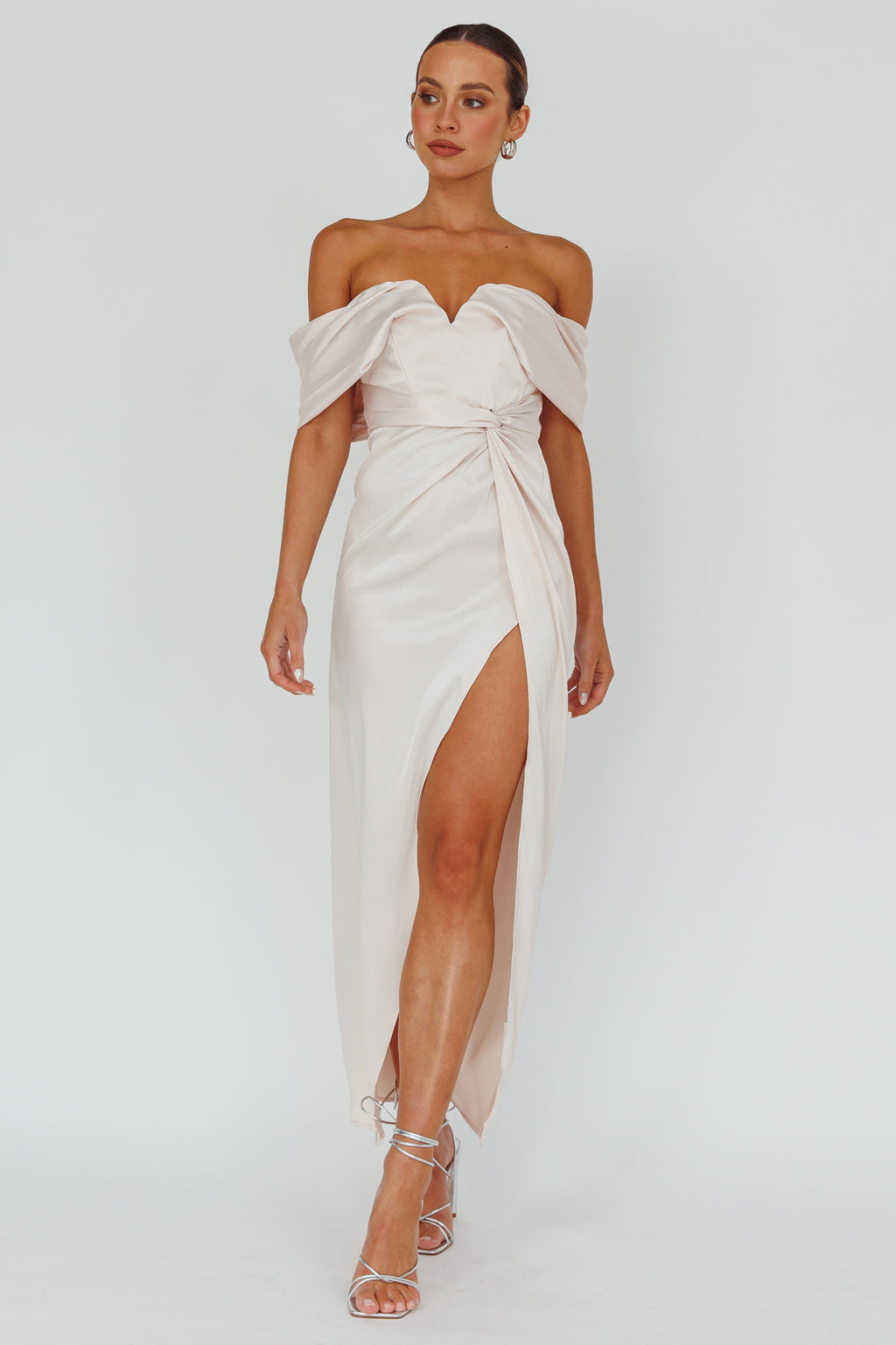 Amaryllis Off-Shoulder Twist Maxi Dress Pearl by Selfie Leslie