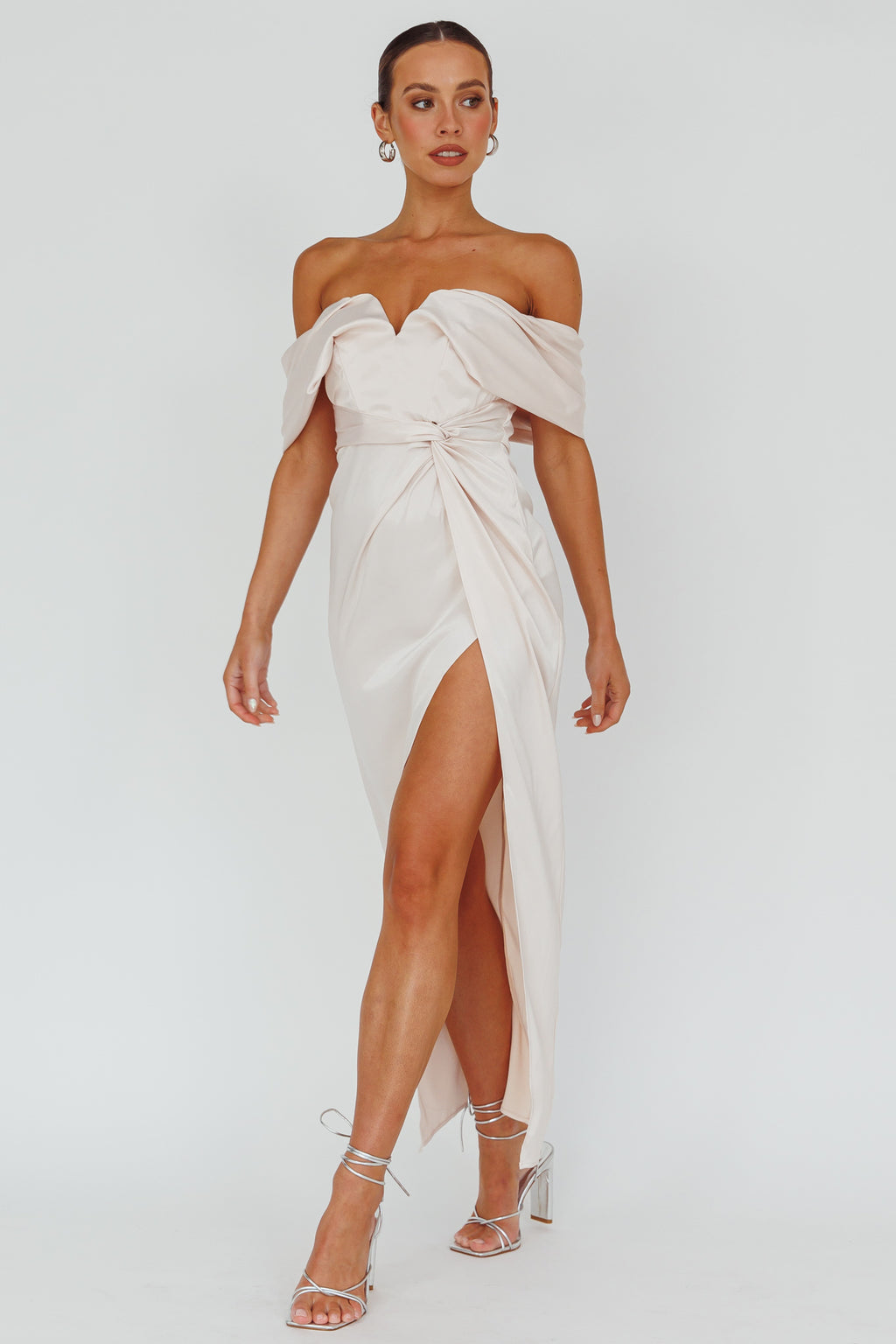 Amaryllis Off-Shoulder Twist Maxi Dress Pearl by Selfie Leslie