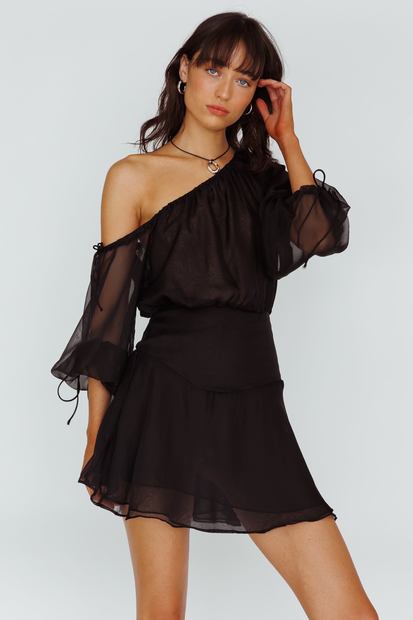 Mariona Off Shoulder Long Sleeve Mini Dress Black by Selfie Leslie
