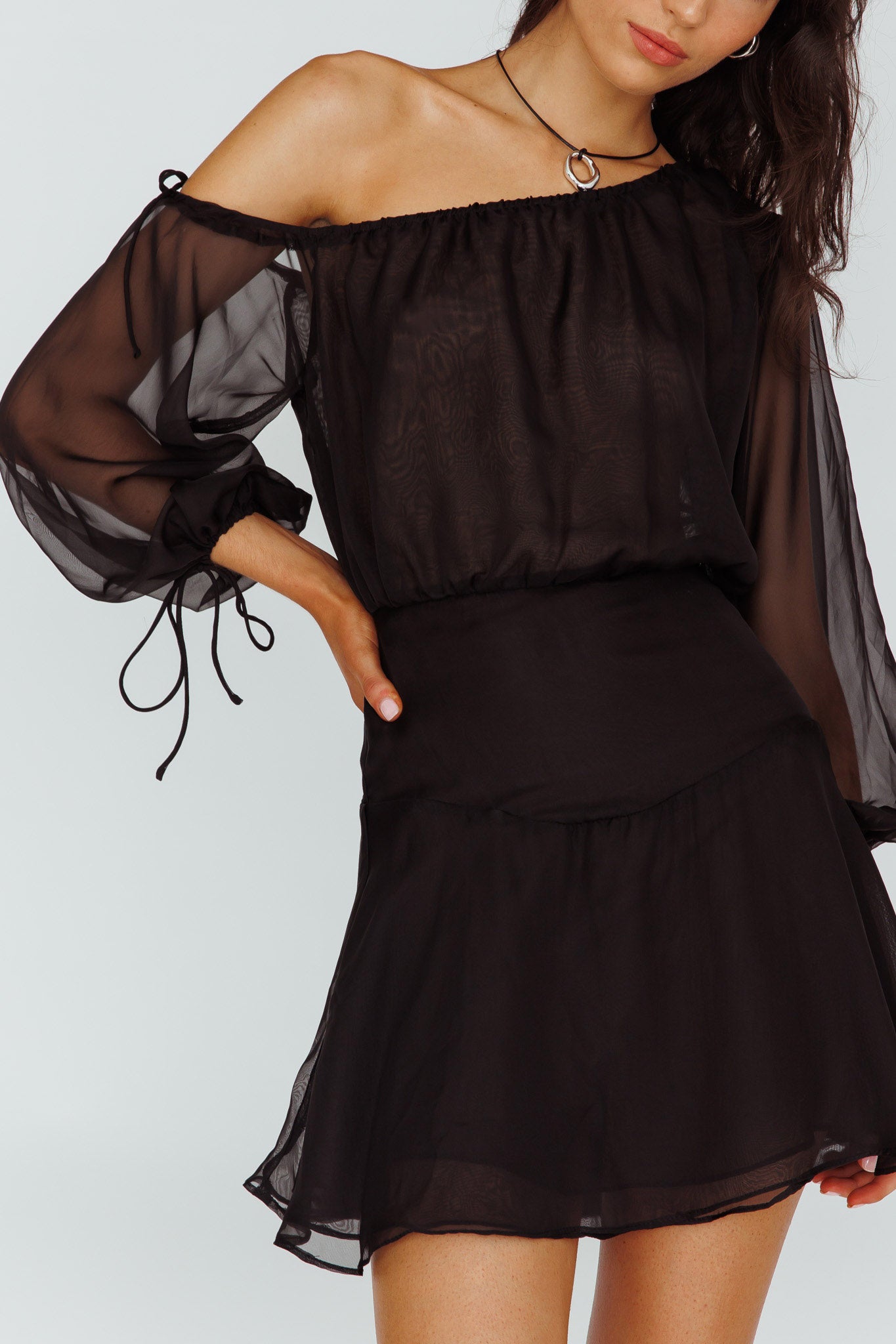 Mariona Off Shoulder Long Sleeve Mini Dress Black by Selfie Leslie