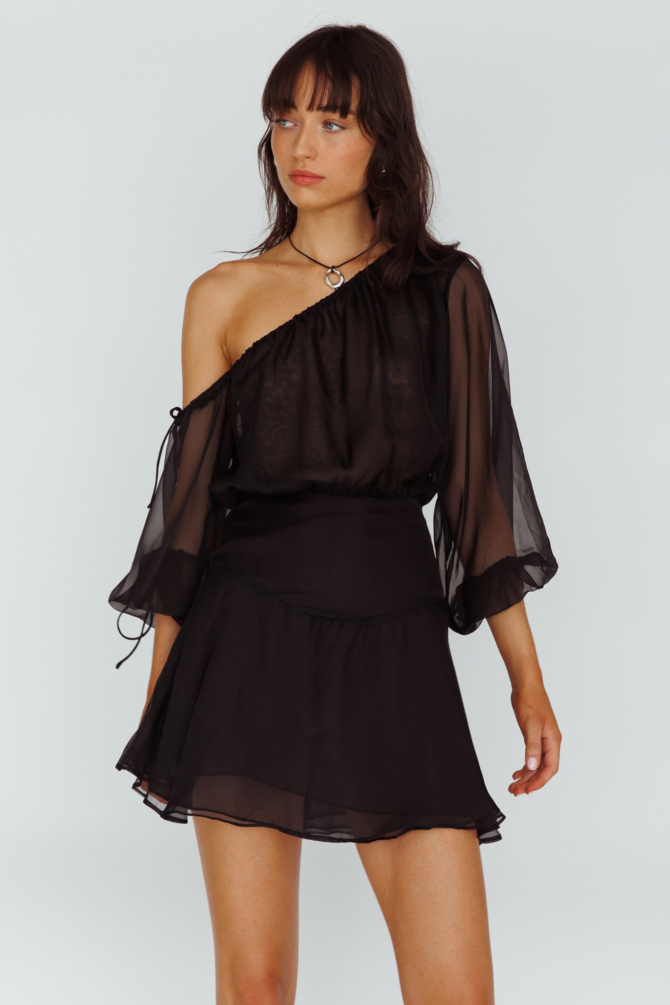 Mariona Off Shoulder Long Sleeve Mini Dress Black by Selfie Leslie