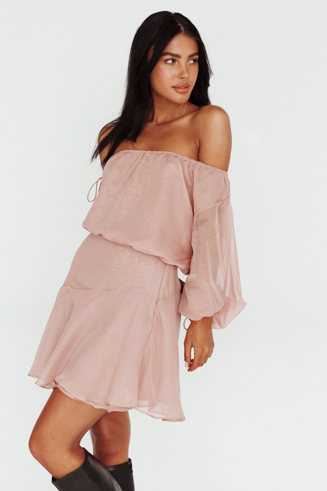 Mariona Off Shoulder Long Sleeve Mini Dress Blush by Selfie Leslie