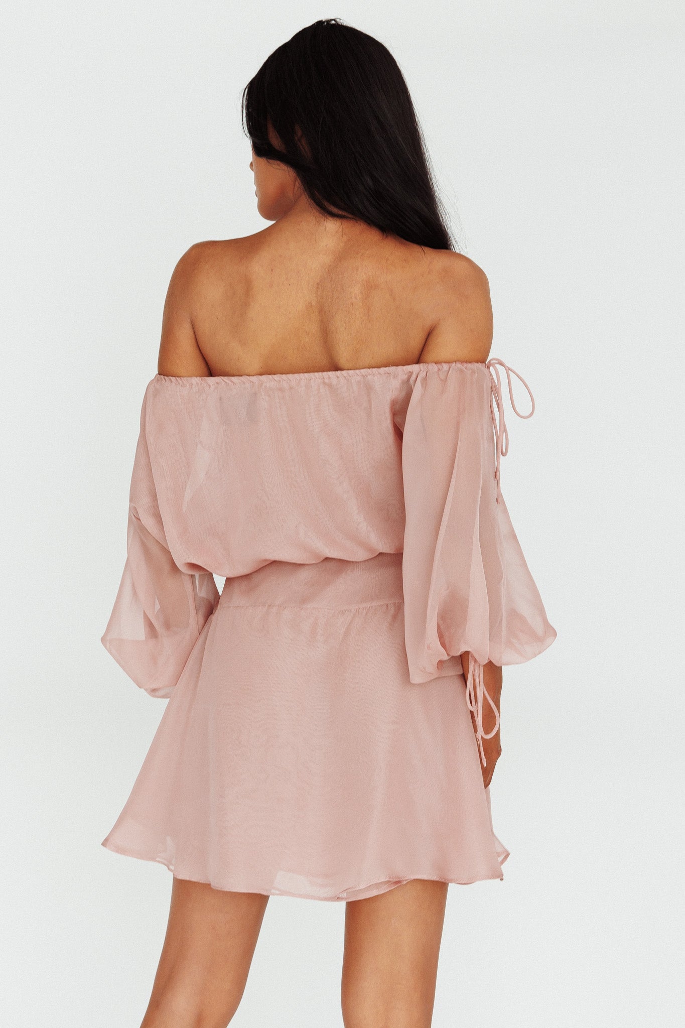 Mariona Off Shoulder Long Sleeve Mini Dress Blush by Selfie Leslie