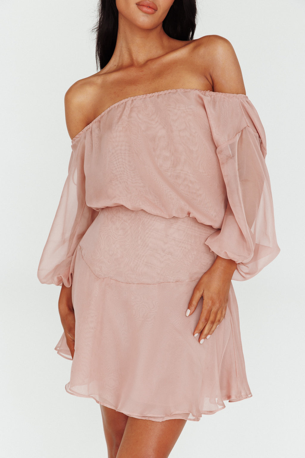 Mariona Off Shoulder Long Sleeve Mini Dress Blush by Selfie Leslie