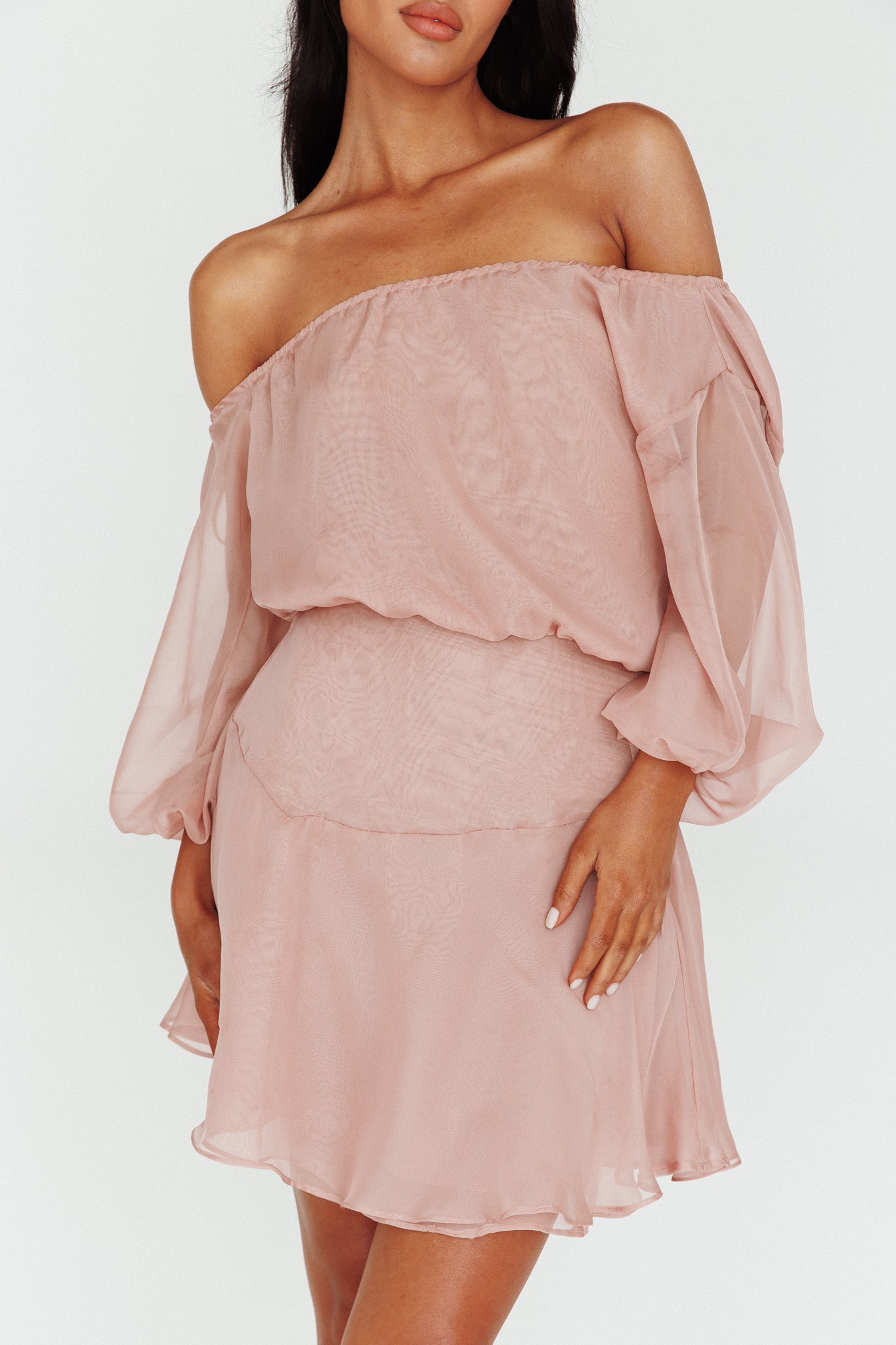 Mariona Off Shoulder Long Sleeve Mini Dress Blush by Selfie Leslie