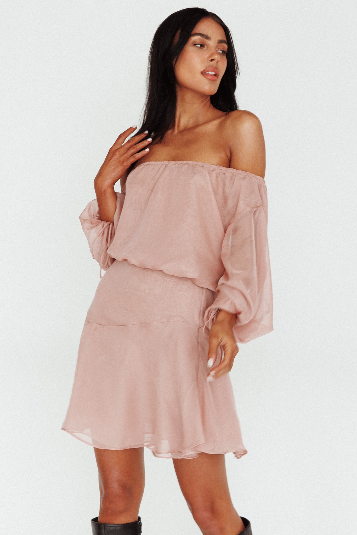 Mariona Off Shoulder Long Sleeve Mini Dress Blush by Selfie Leslie