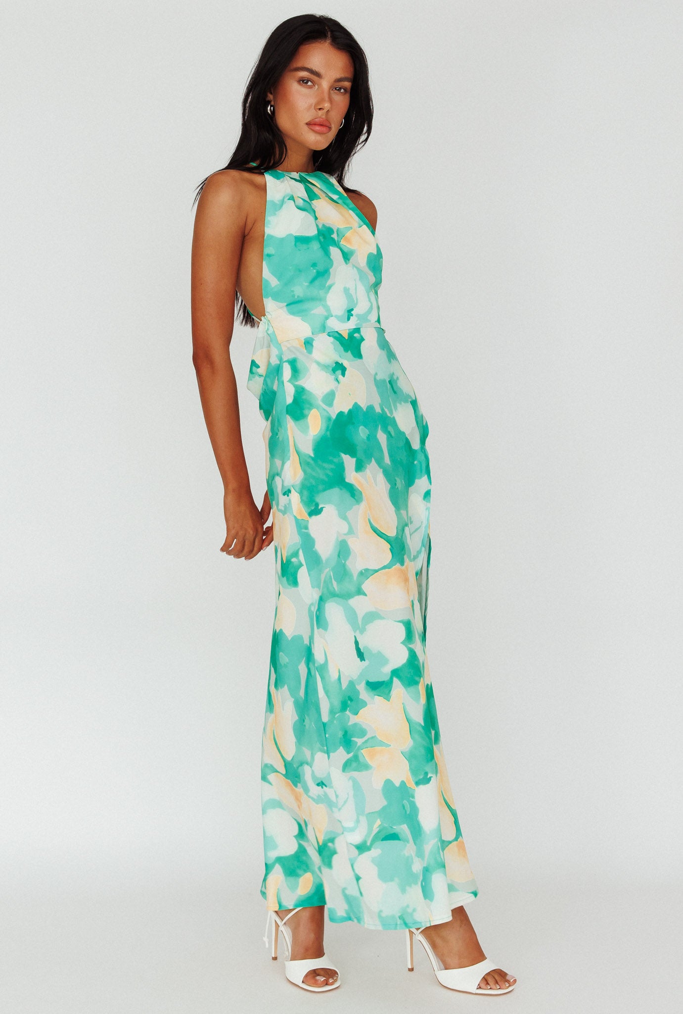 Val Cowl Back Maxi Dress Floral Green by Selfie Leslie