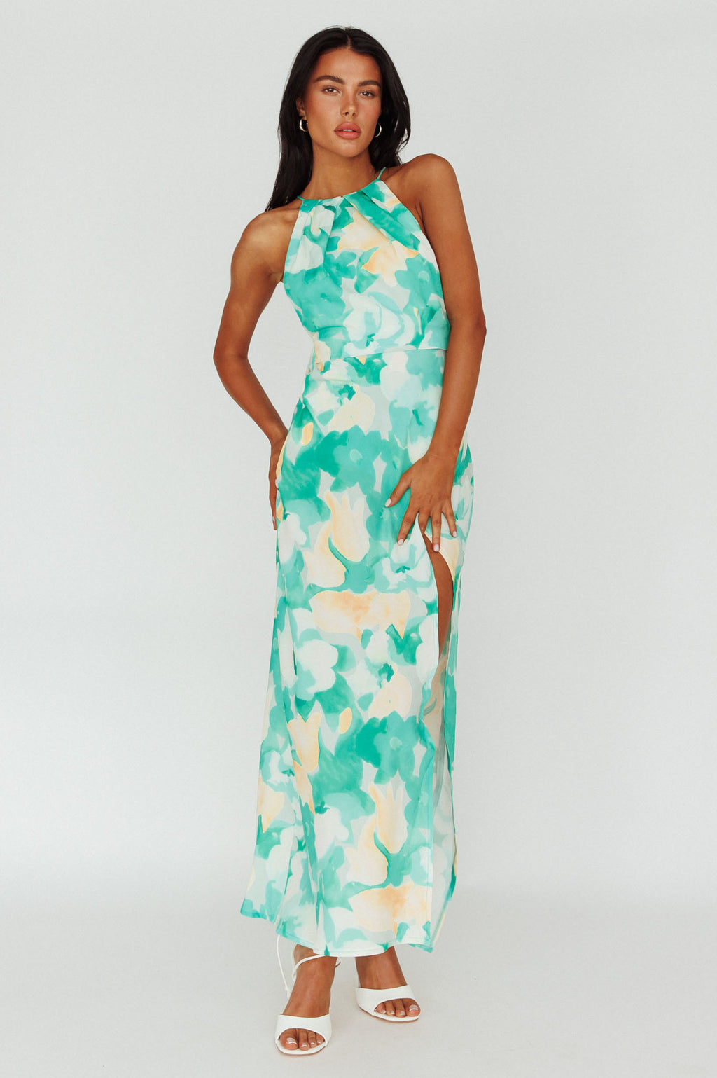 Val Cowl Back Maxi Dress Floral Green by Selfie Leslie