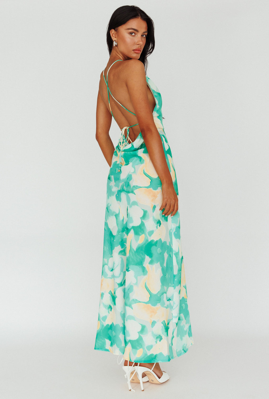 Val Cowl Back Maxi Dress Floral Green by Selfie Leslie
