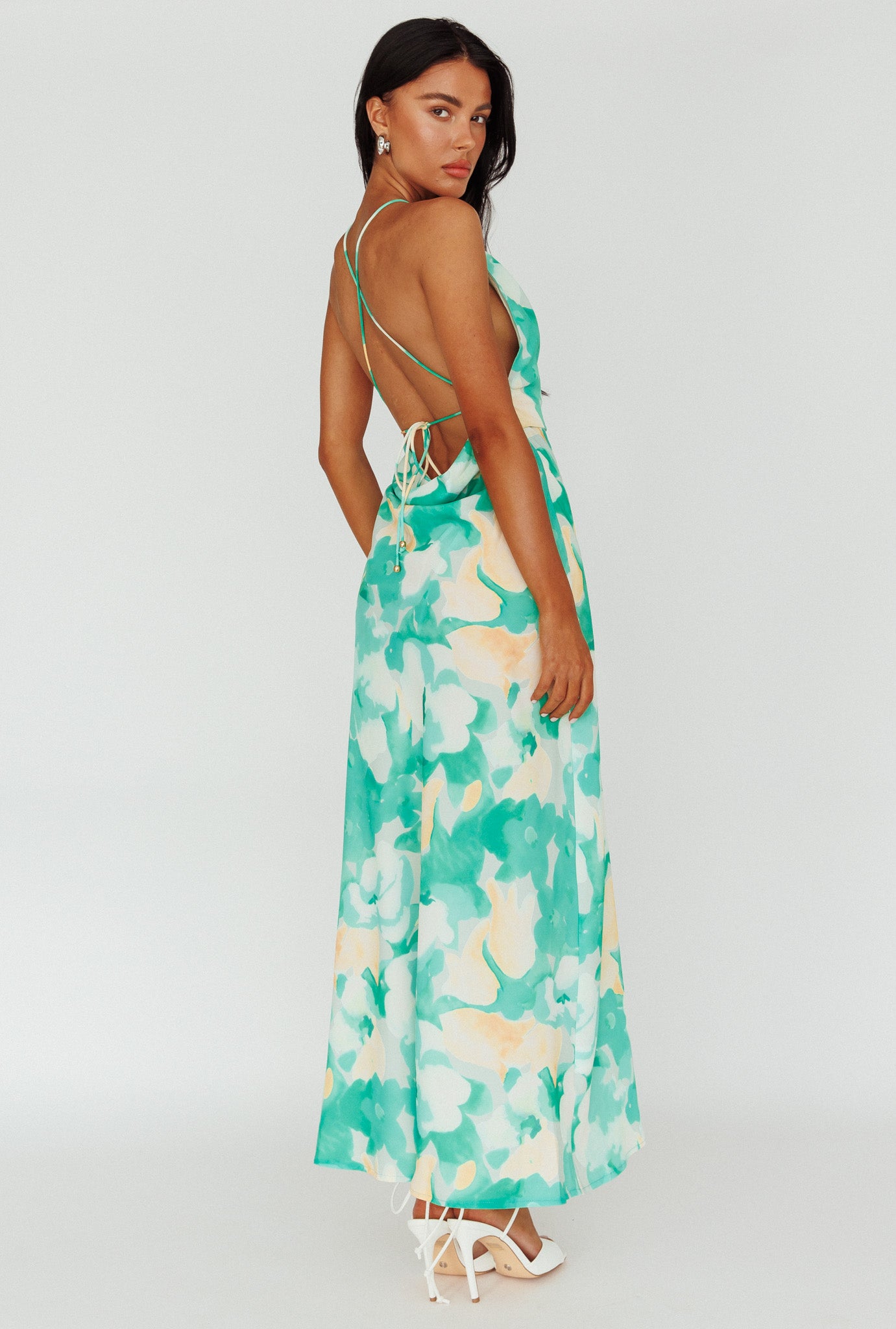 Val Cowl Back Maxi Dress Floral Green by Selfie Leslie
