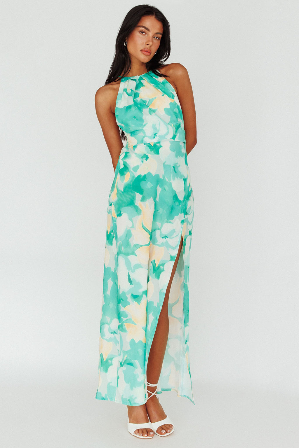 Val Cowl Back Maxi Dress Floral Green by Selfie Leslie