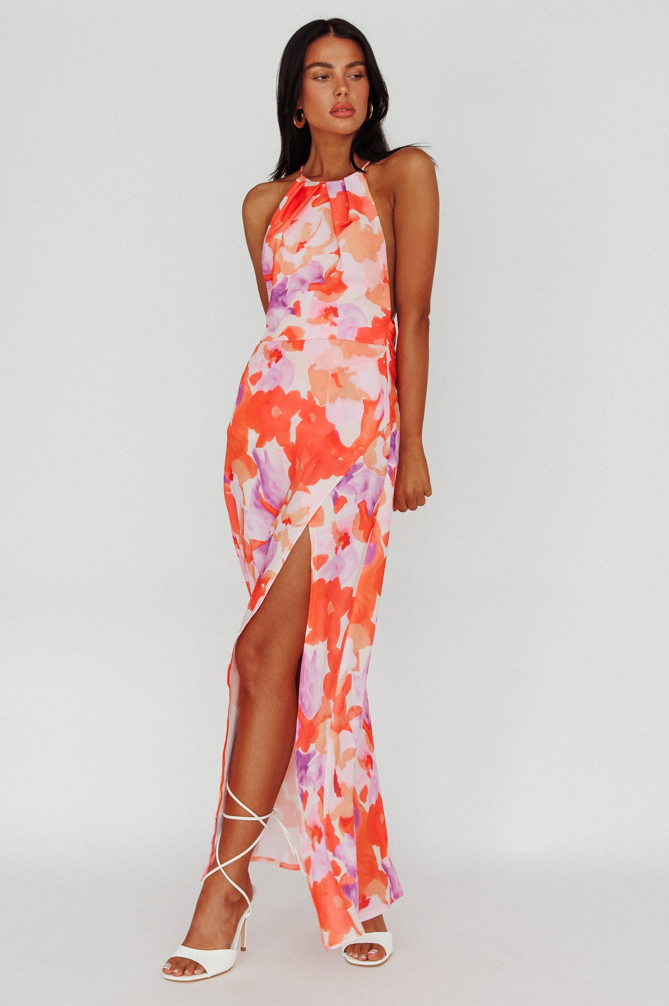 Val Cowl Back Maxi Dress Floral Orange by Selfie Leslie