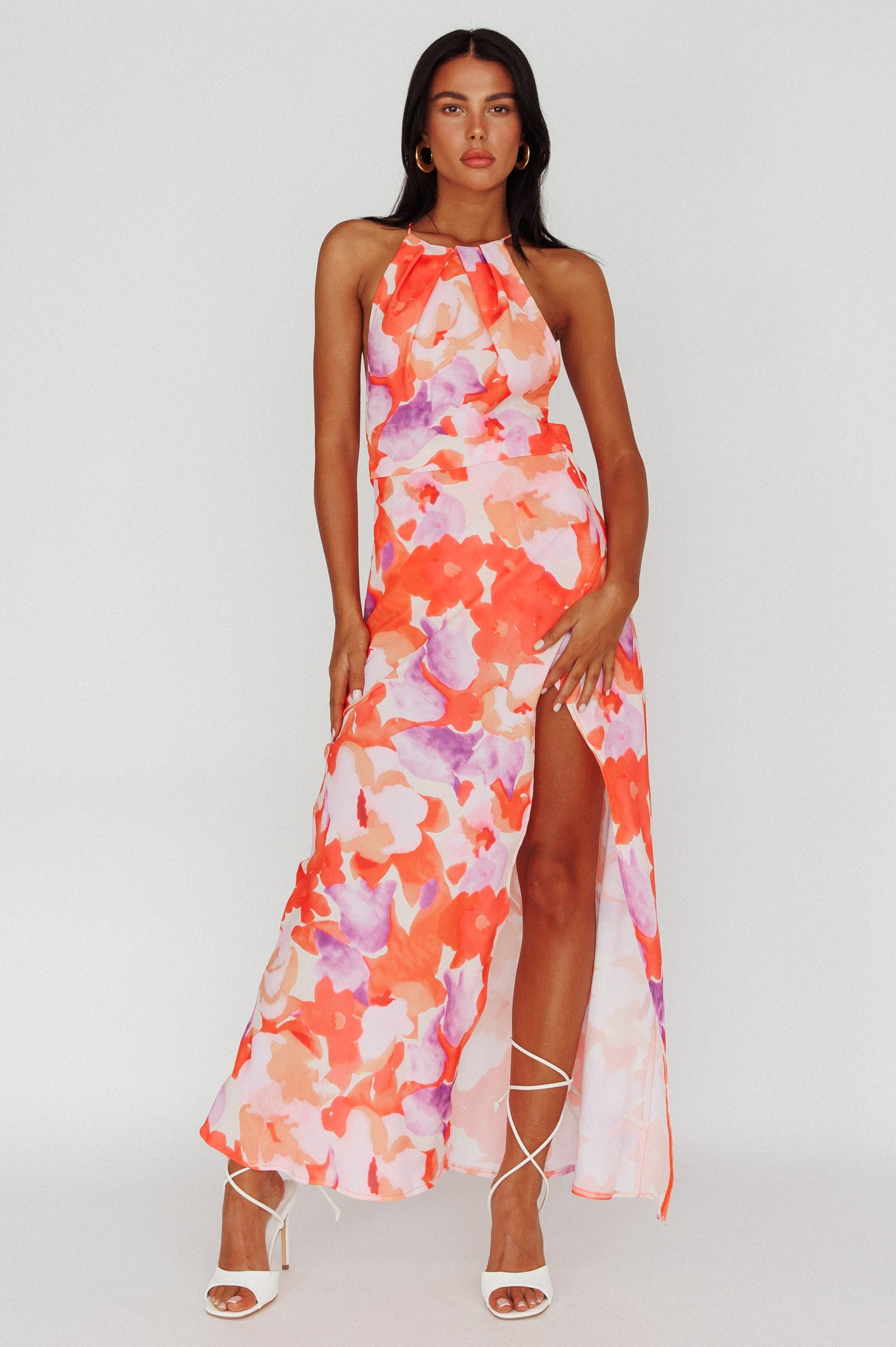 Val Cowl Back Maxi Dress Floral Orange by Selfie Leslie