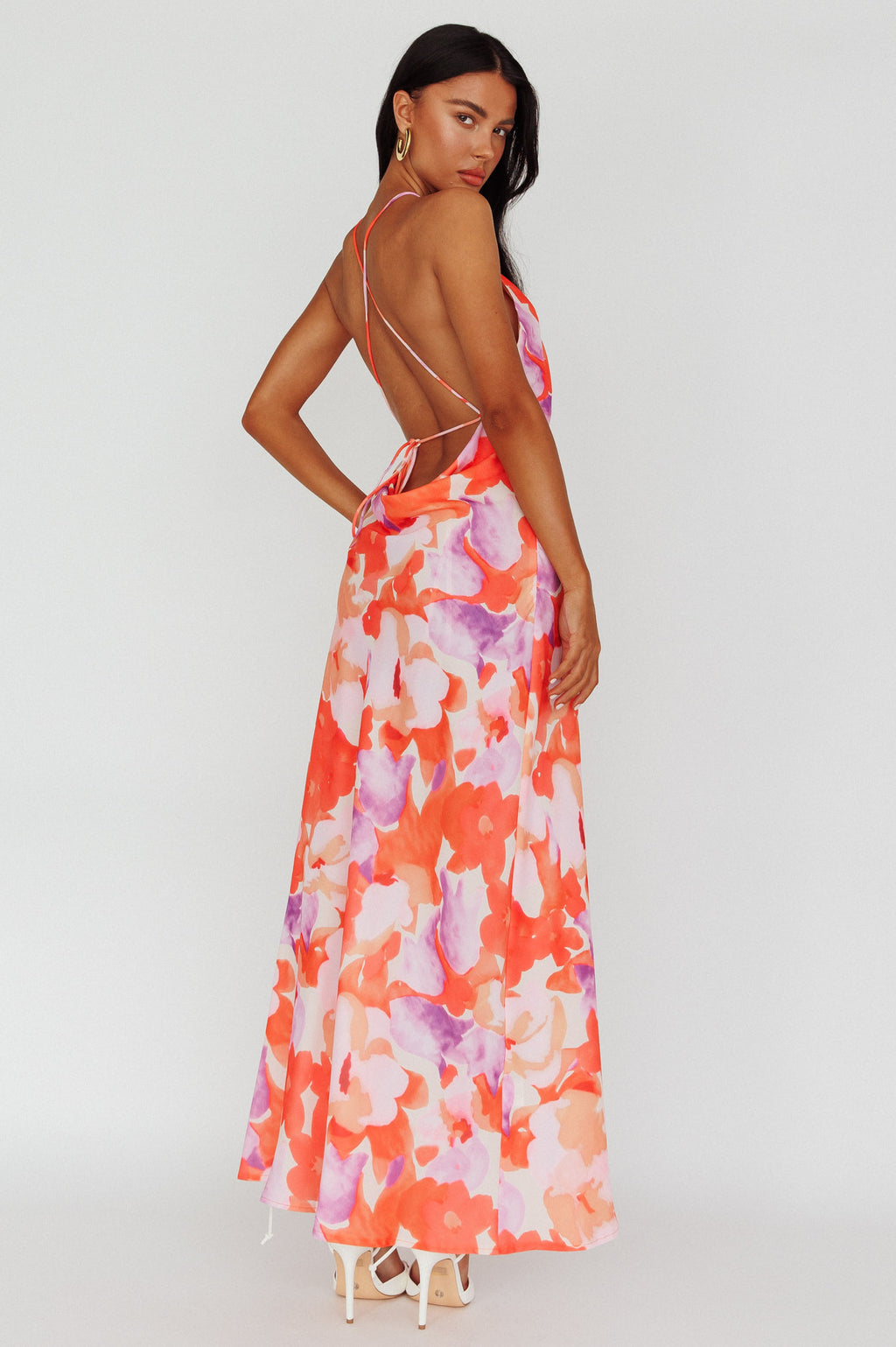 Val Cowl Back Maxi Dress Floral Orange by Selfie Leslie