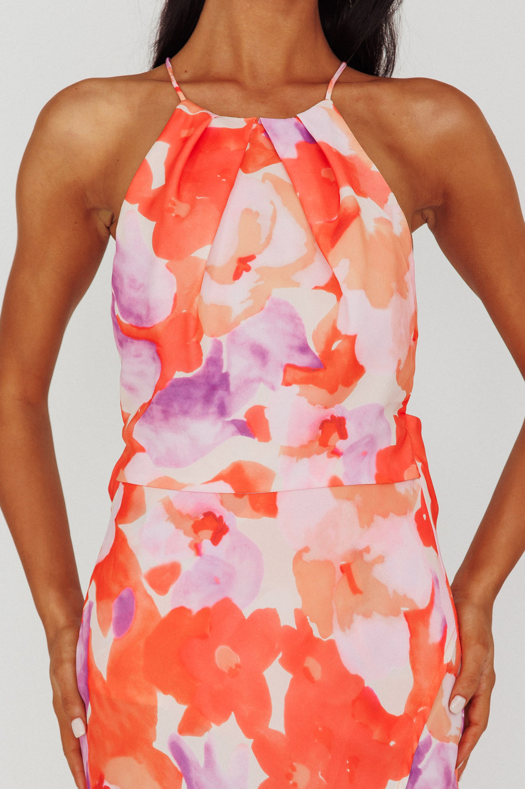 Val Cowl Back Maxi Dress Floral Orange by Selfie Leslie