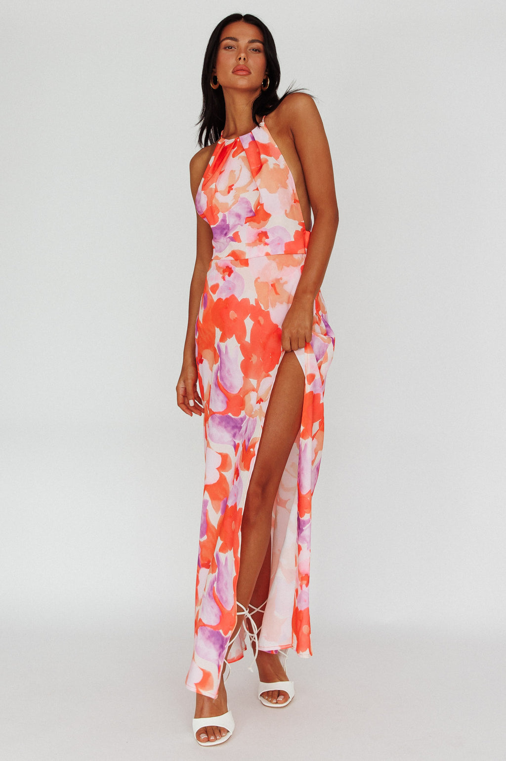 Val Cowl Back Maxi Dress Floral Orange by Selfie Leslie