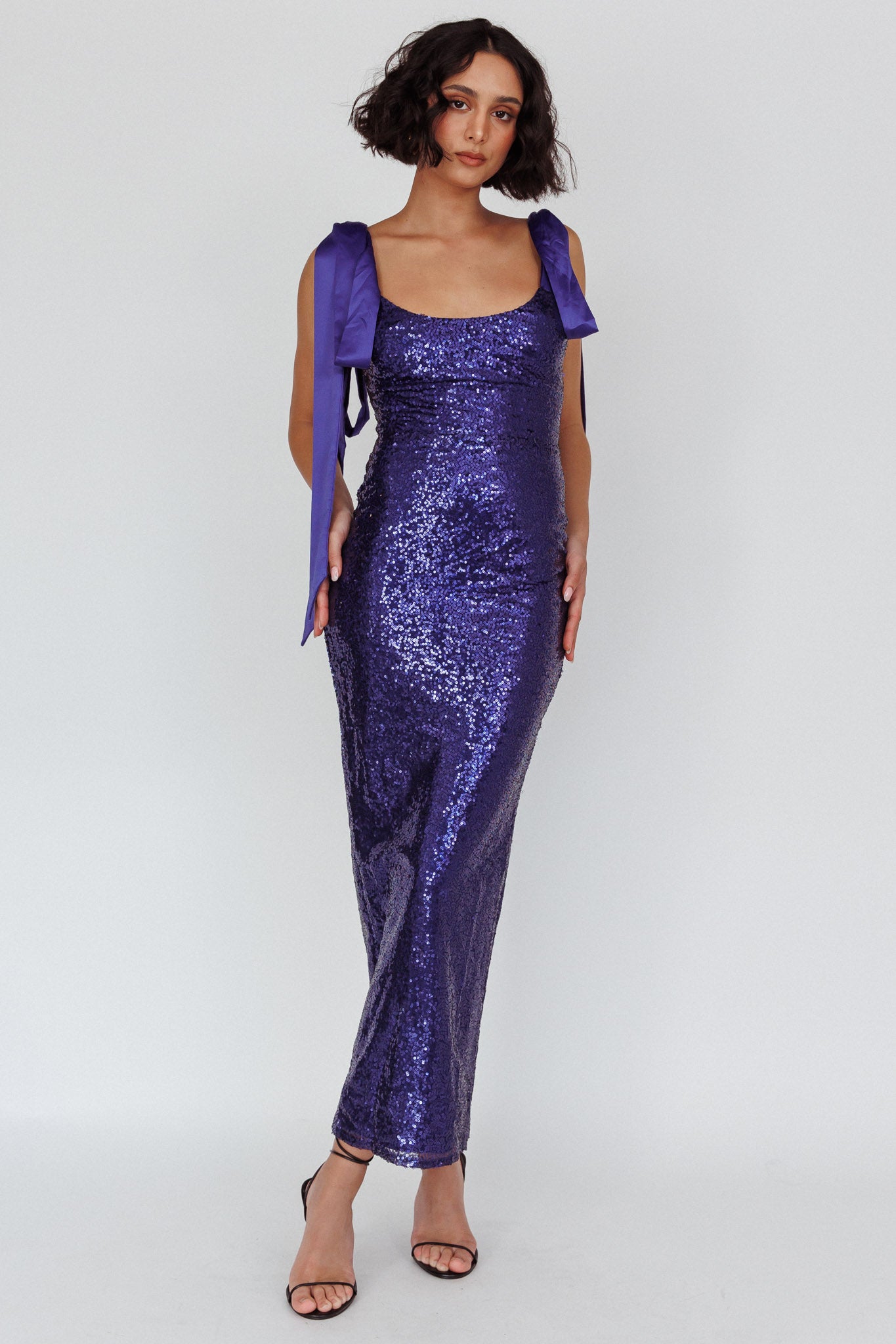 Birthday Wish Tied Shoulder Sequin Maxi Dress Blue by Selfie Leslie