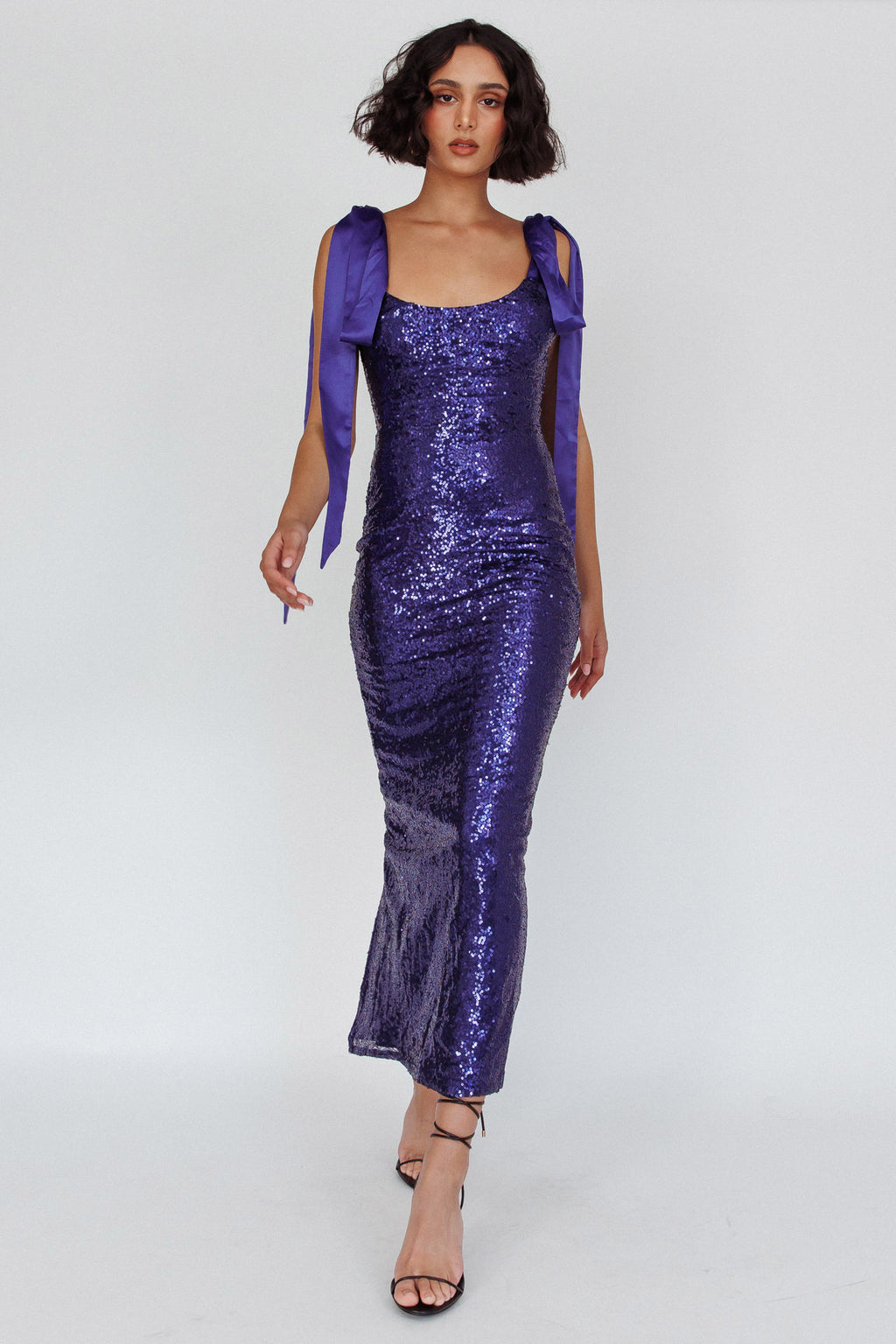Birthday Wish Tied Shoulder Sequin Maxi Dress Blue by Selfie Leslie