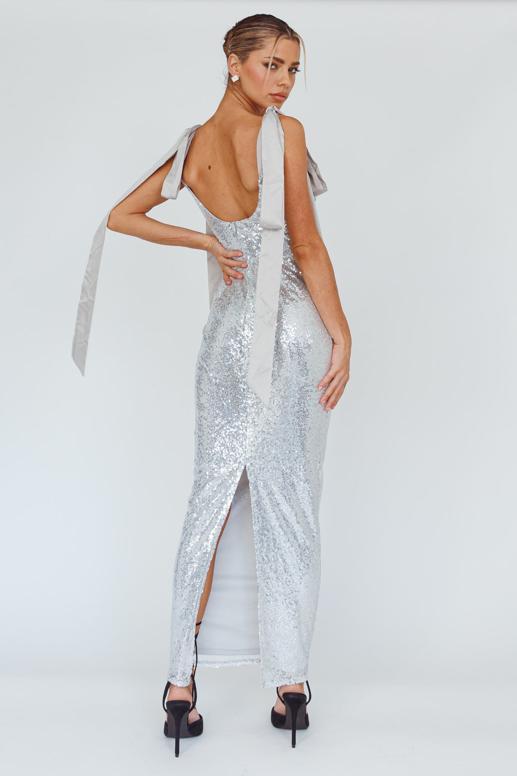 Birthday Wish Tied Shoulder Sequin Maxi Dress Silver by Selfie Leslie