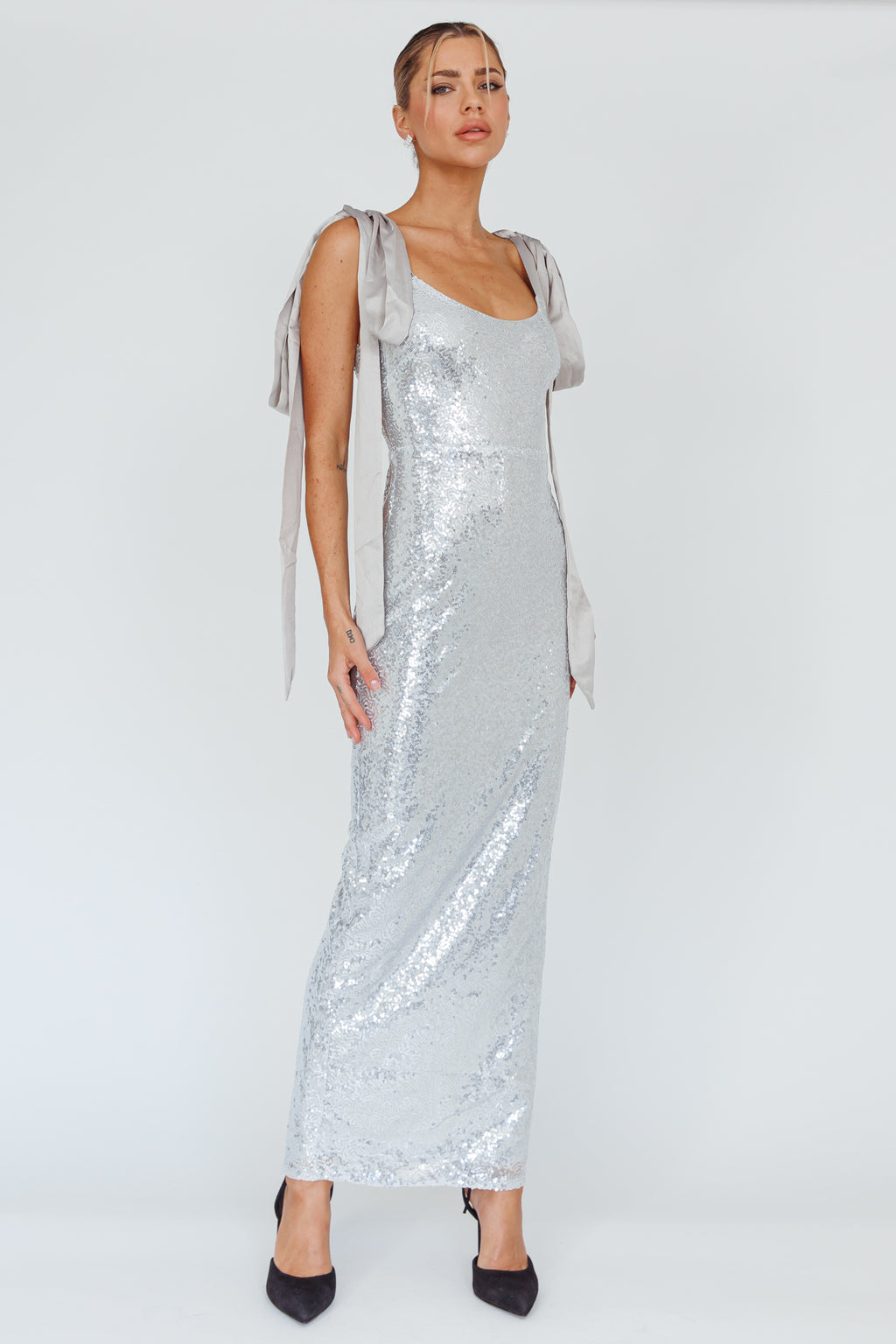 Birthday Wish Tied Shoulder Sequin Maxi Dress Silver by Selfie Leslie