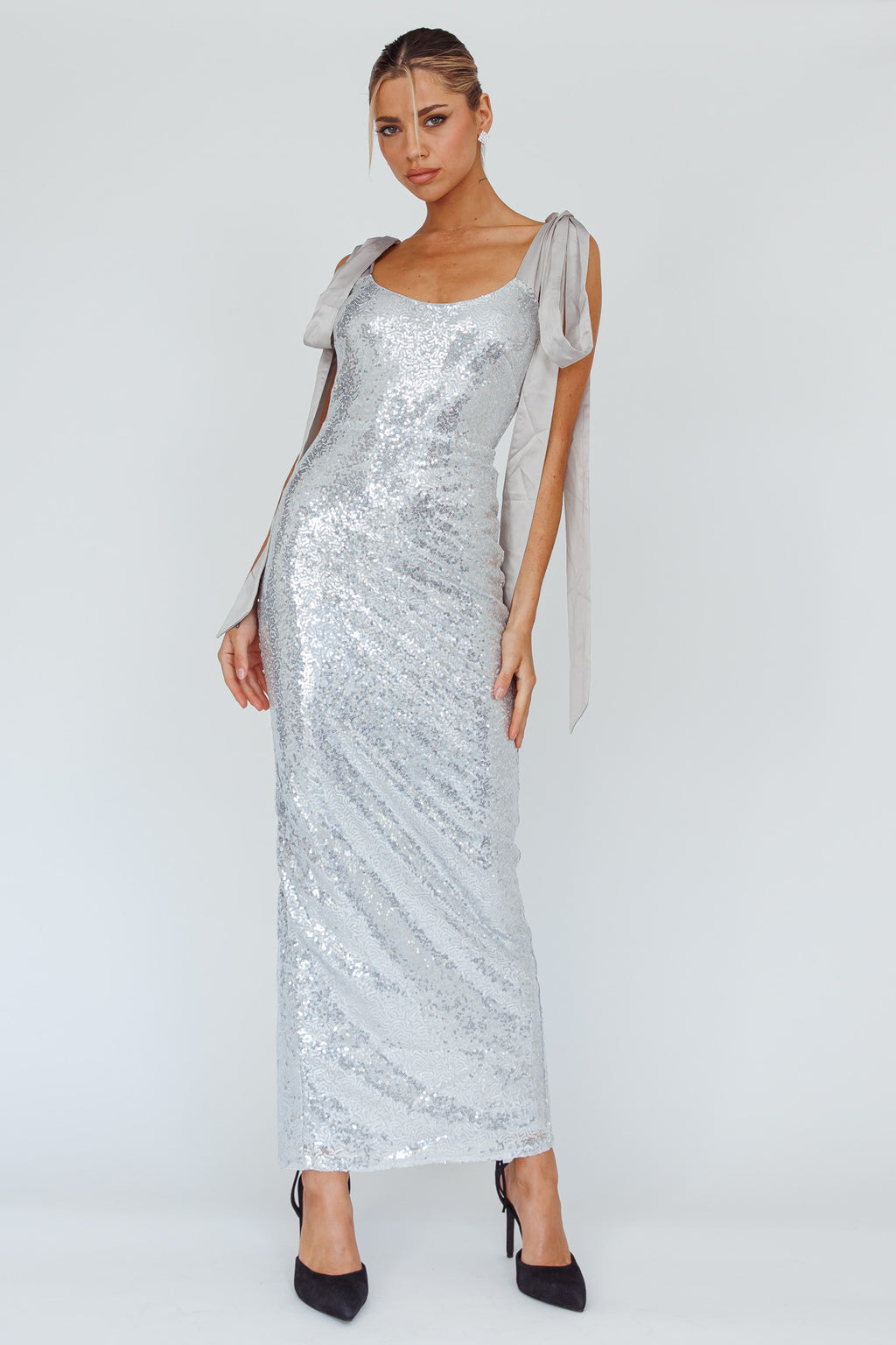 Birthday Wish Tied Shoulder Sequin Maxi Dress Silver by Selfie Leslie