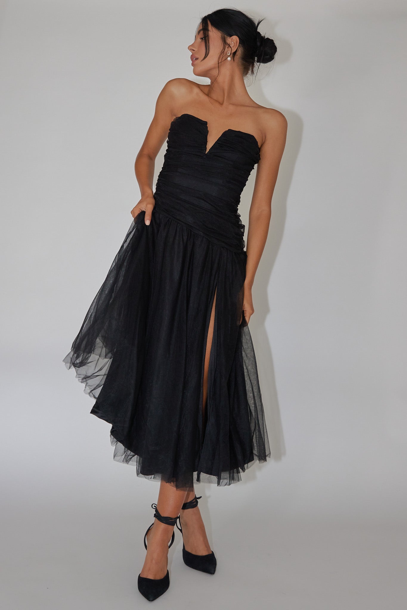 Shop the Daphnie Drop Waist Tulle Midi Dress Black