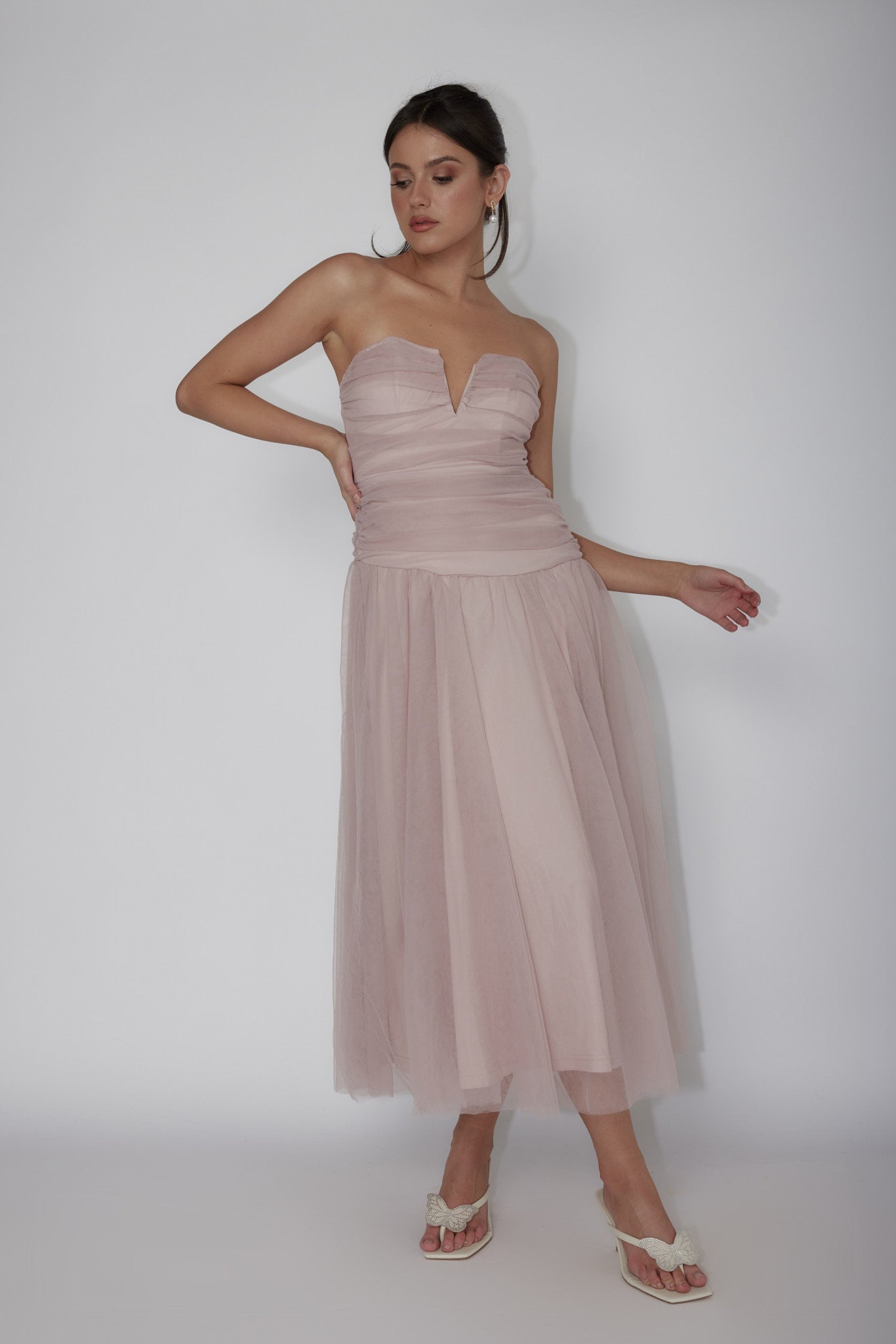 Daphnie Drop Waist Tulle Midi Dress Blush by Selfie Leslie