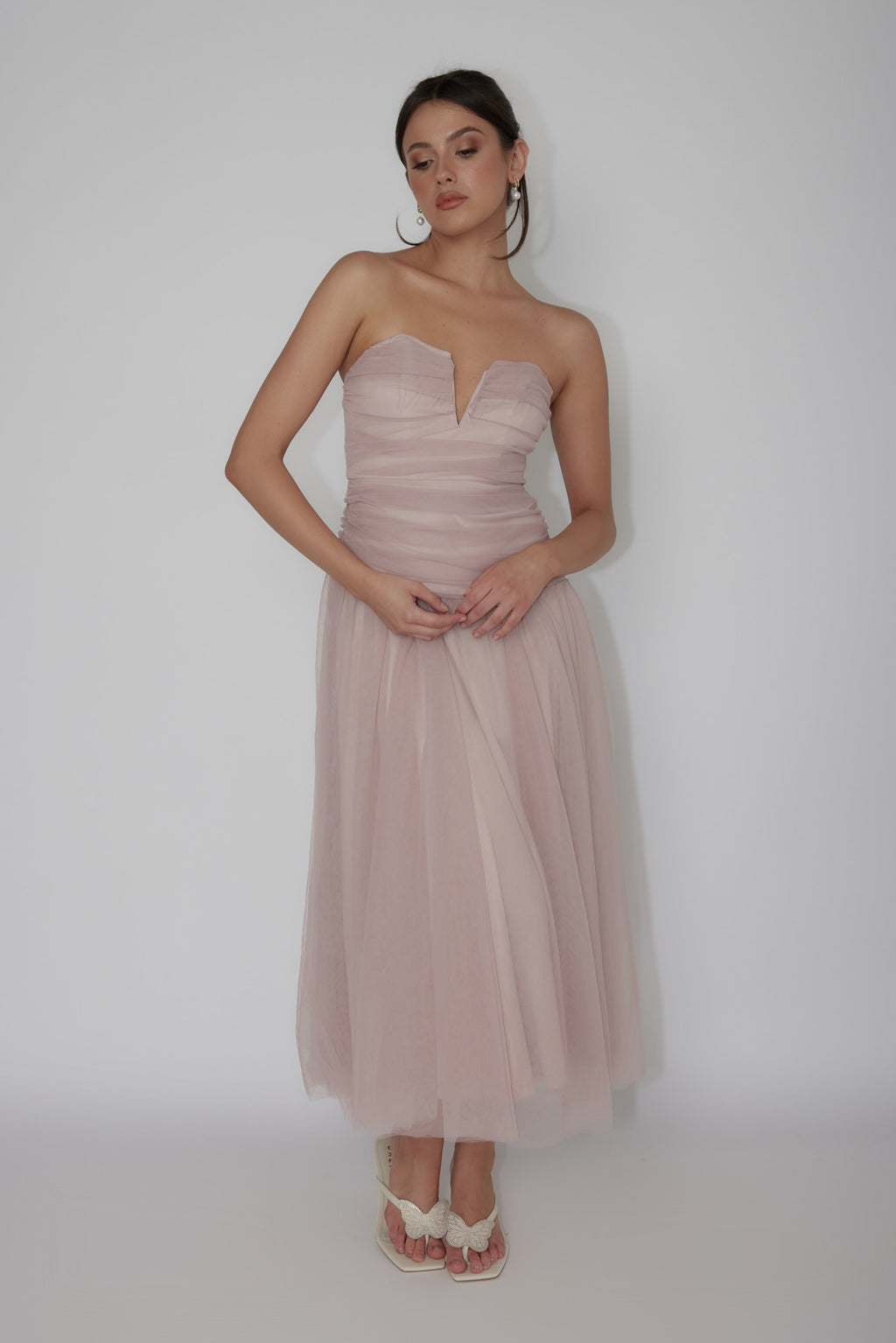 Daphnie Drop Waist Tulle Midi Dress Blush by Selfie Leslie