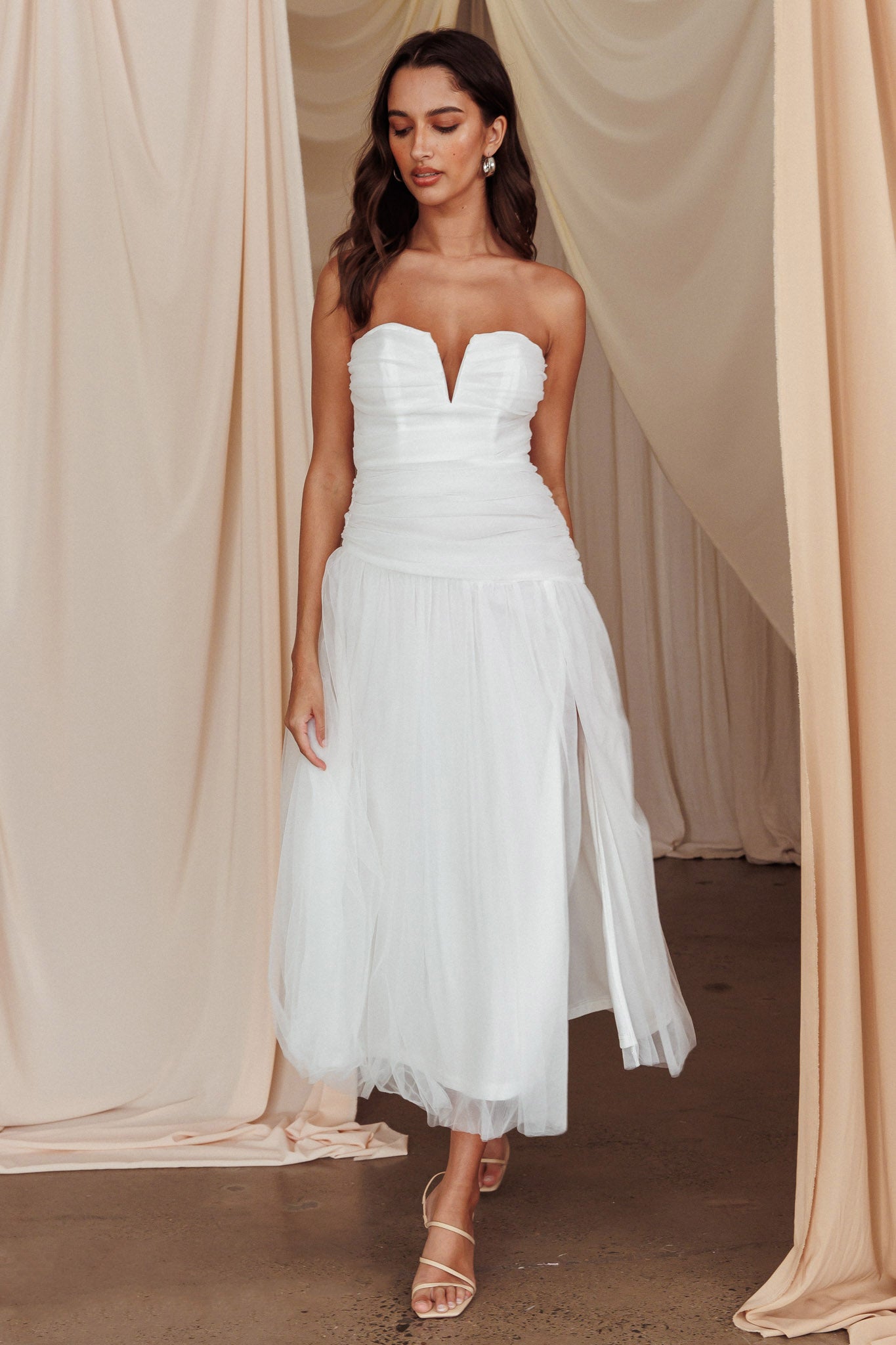 Shop the Daphnie Drop Waist Tulle Midi Dress White