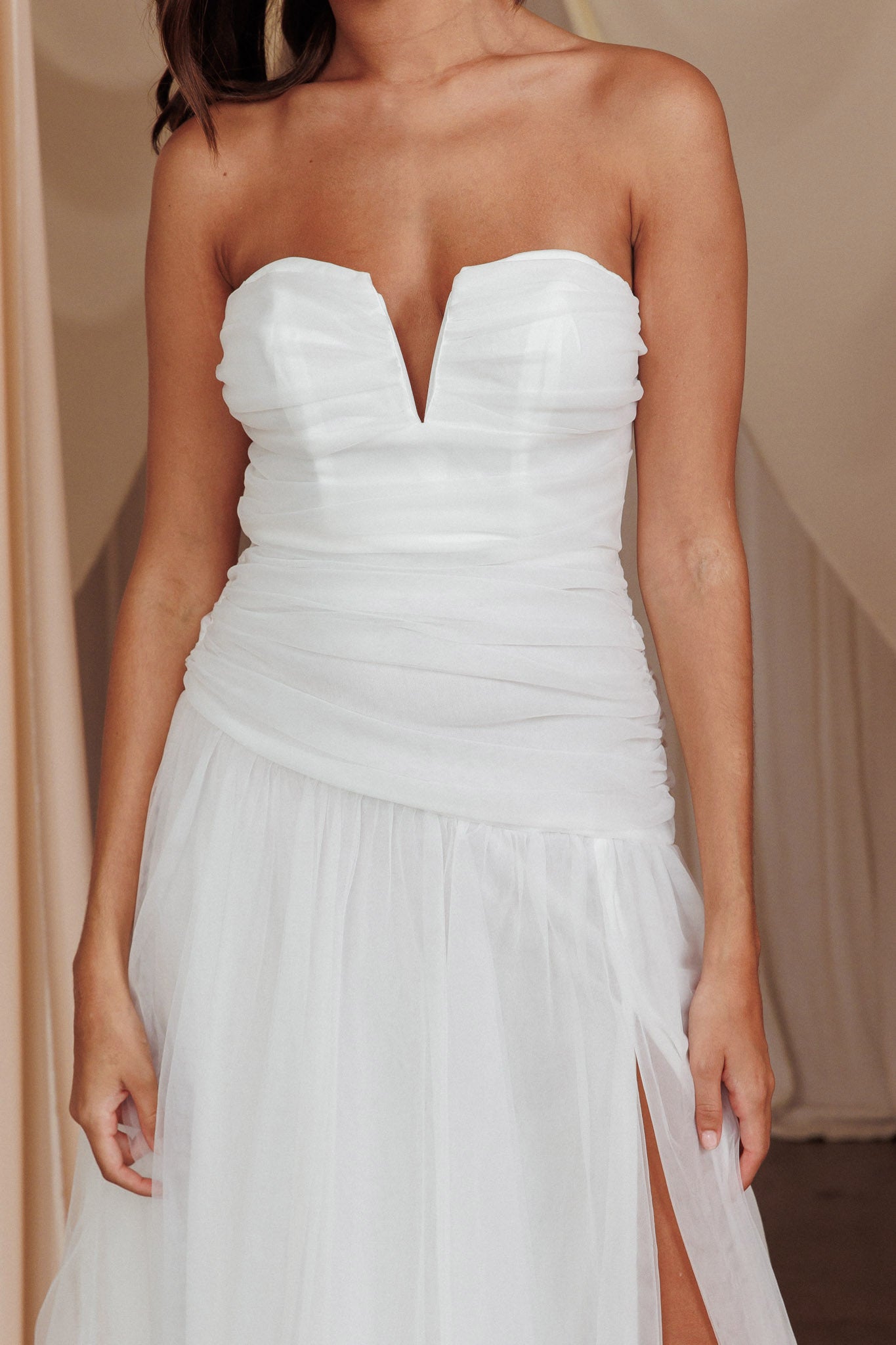 Daphnie Drop Waist Tulle Midi Dress White Daphnie Drop Waist Tulle Midi Dress White