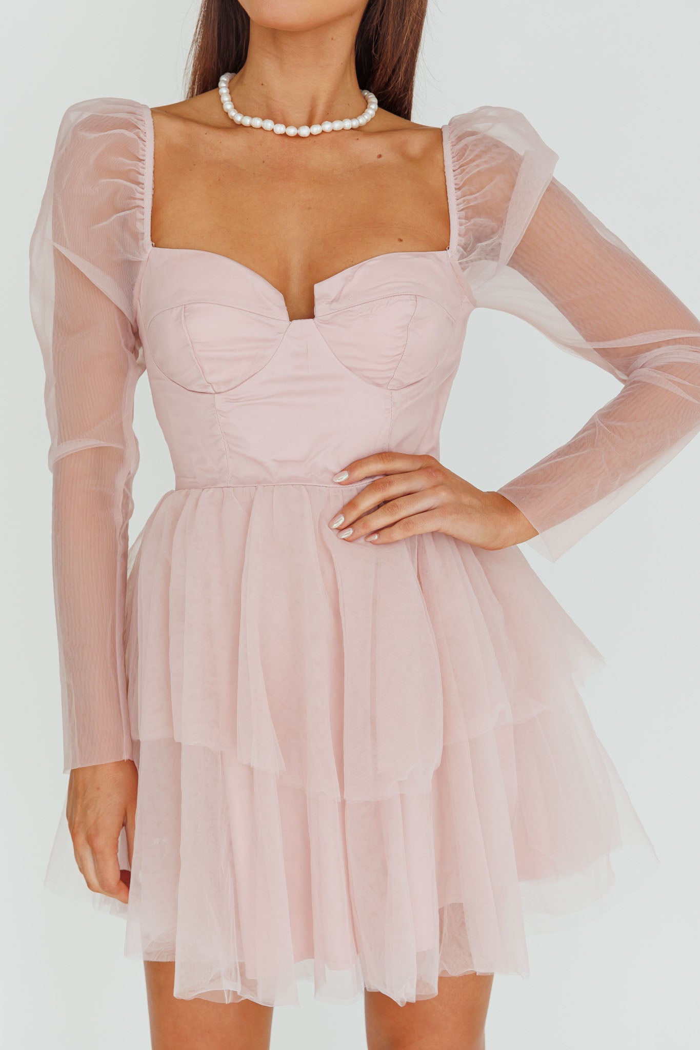 Veola Long Sleeve Tulle Mini Dress Blush by Selfie Leslie