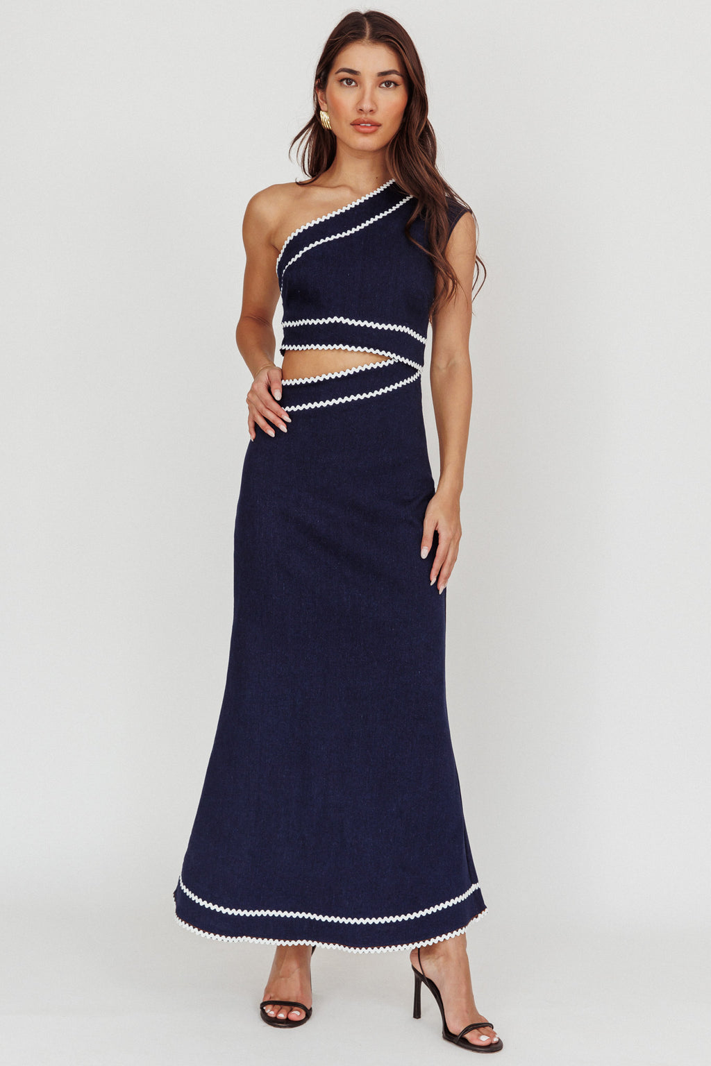 Mahli One-Shoulder Cut-Out Maxi Dress Dark Denim by Selfie Leslie