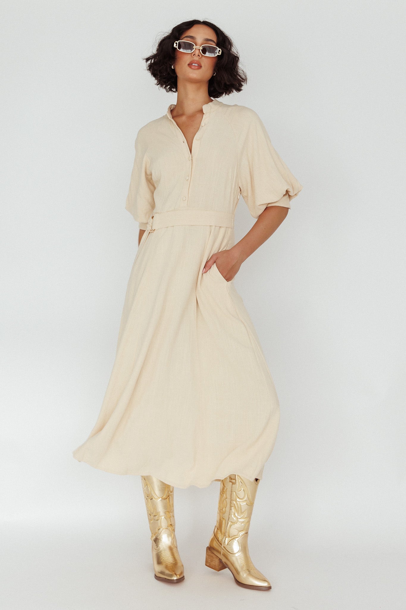 Mallory Belted Waist Lantern Sleeve Midi Dress Beige by Selfie Leslie