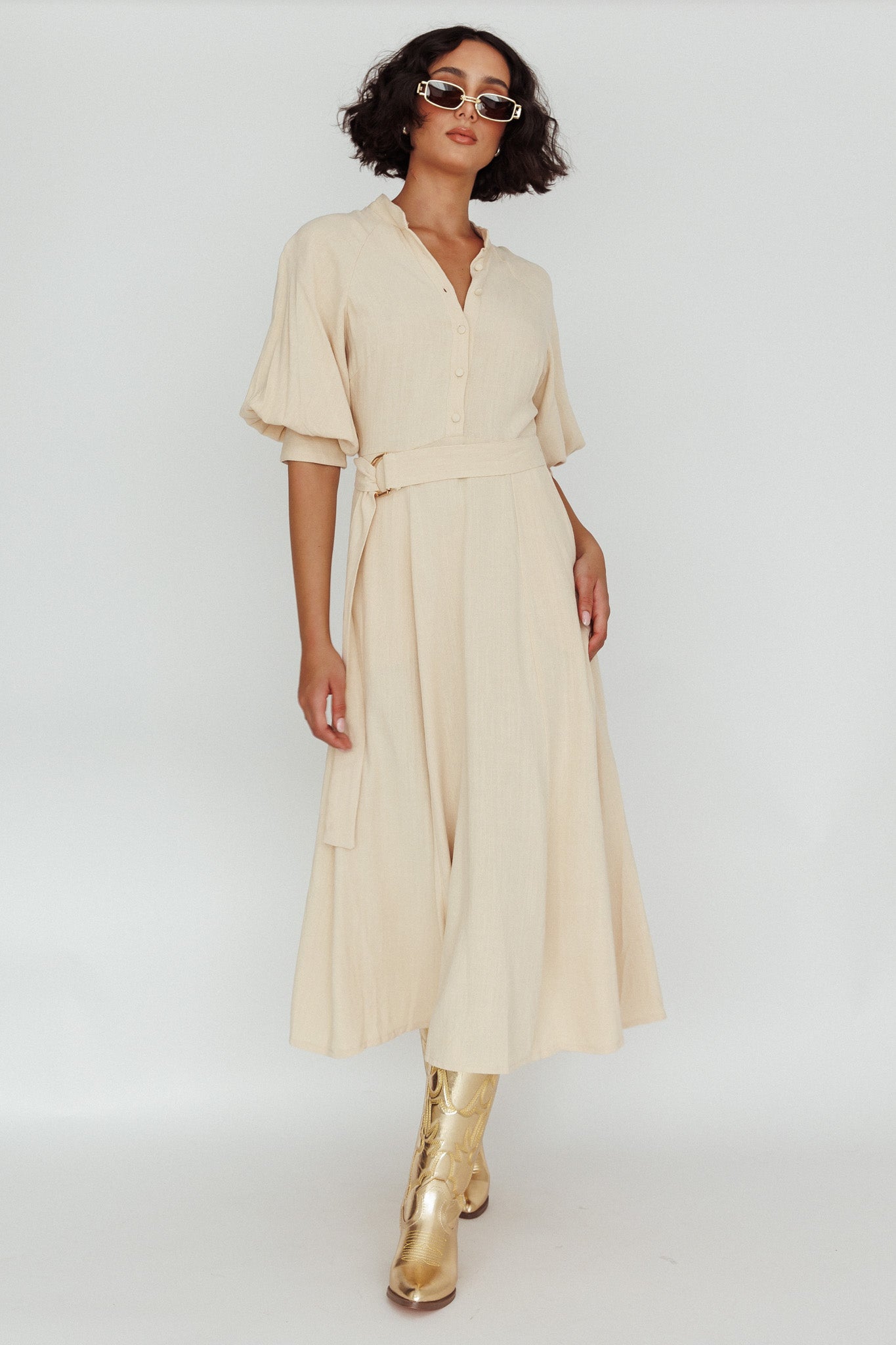 Mallory Belted Waist Lantern Sleeve Midi Dress Beige by Selfie Leslie