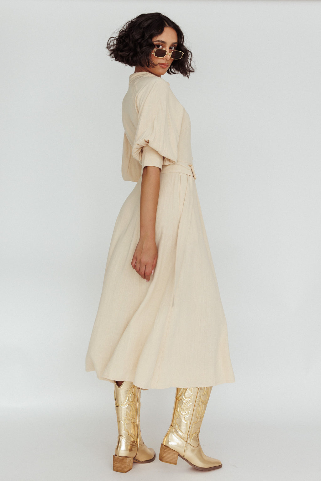 Mallory Belted Waist Lantern Sleeve Midi Dress Beige by Selfie Leslie