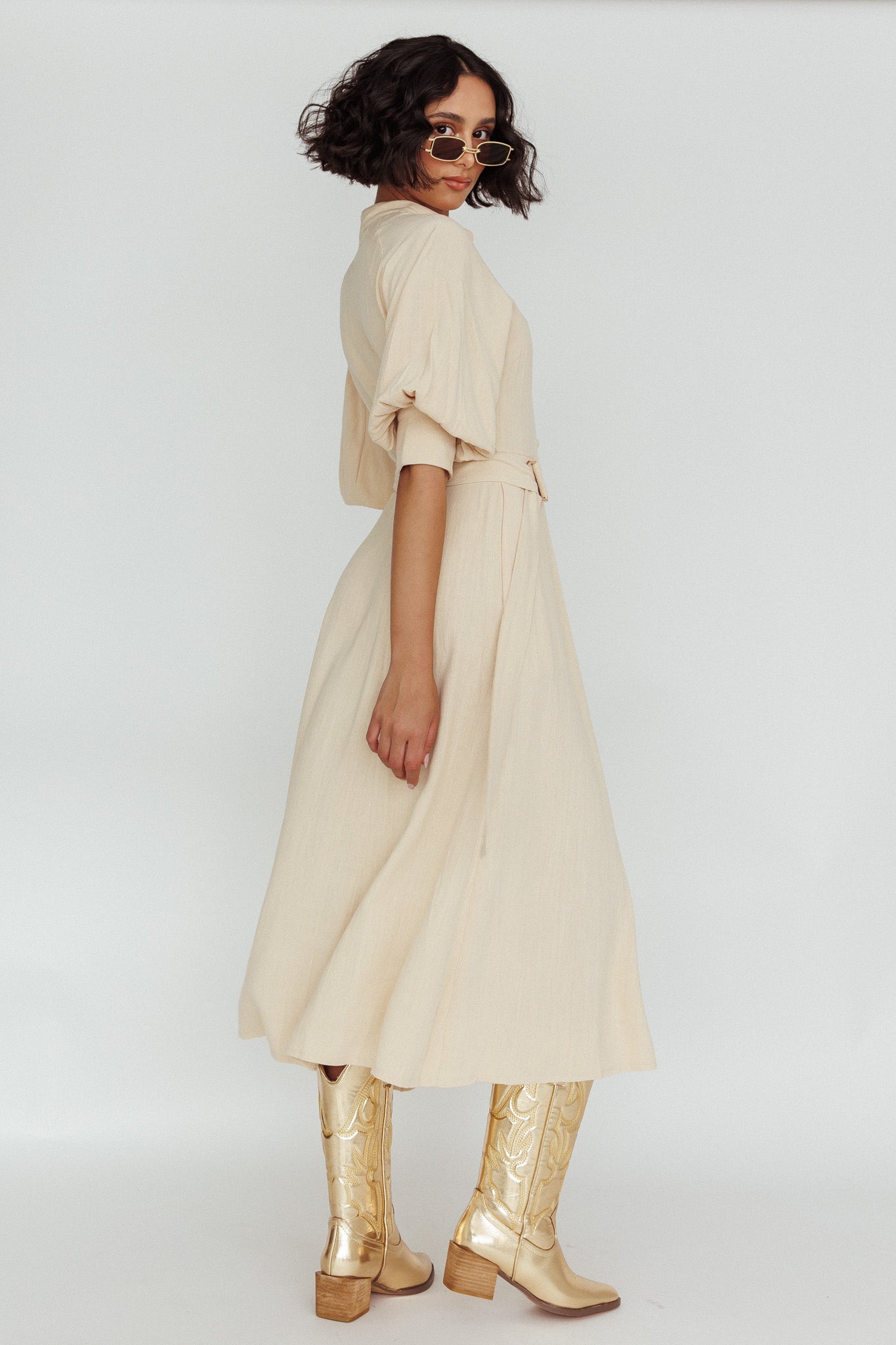 Mallory Belted Waist Lantern Sleeve Midi Dress Beige by Selfie Leslie