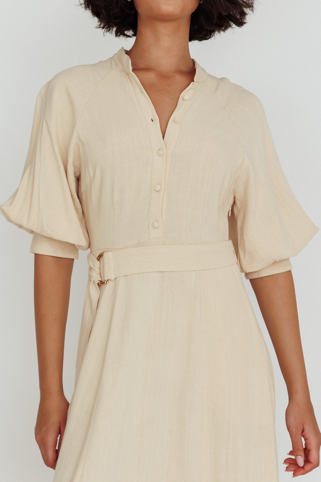 Mallory Belted Waist Lantern Sleeve Midi Dress Beige by Selfie Leslie