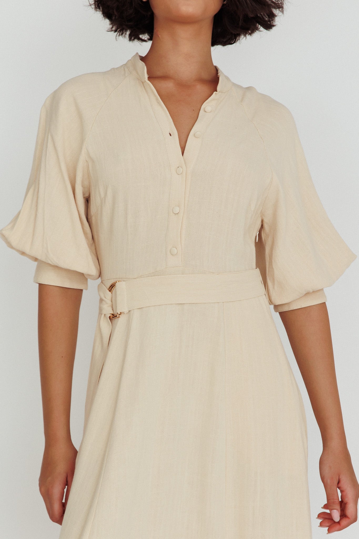 Mallory Belted Waist Lantern Sleeve Midi Dress Beige by Selfie Leslie