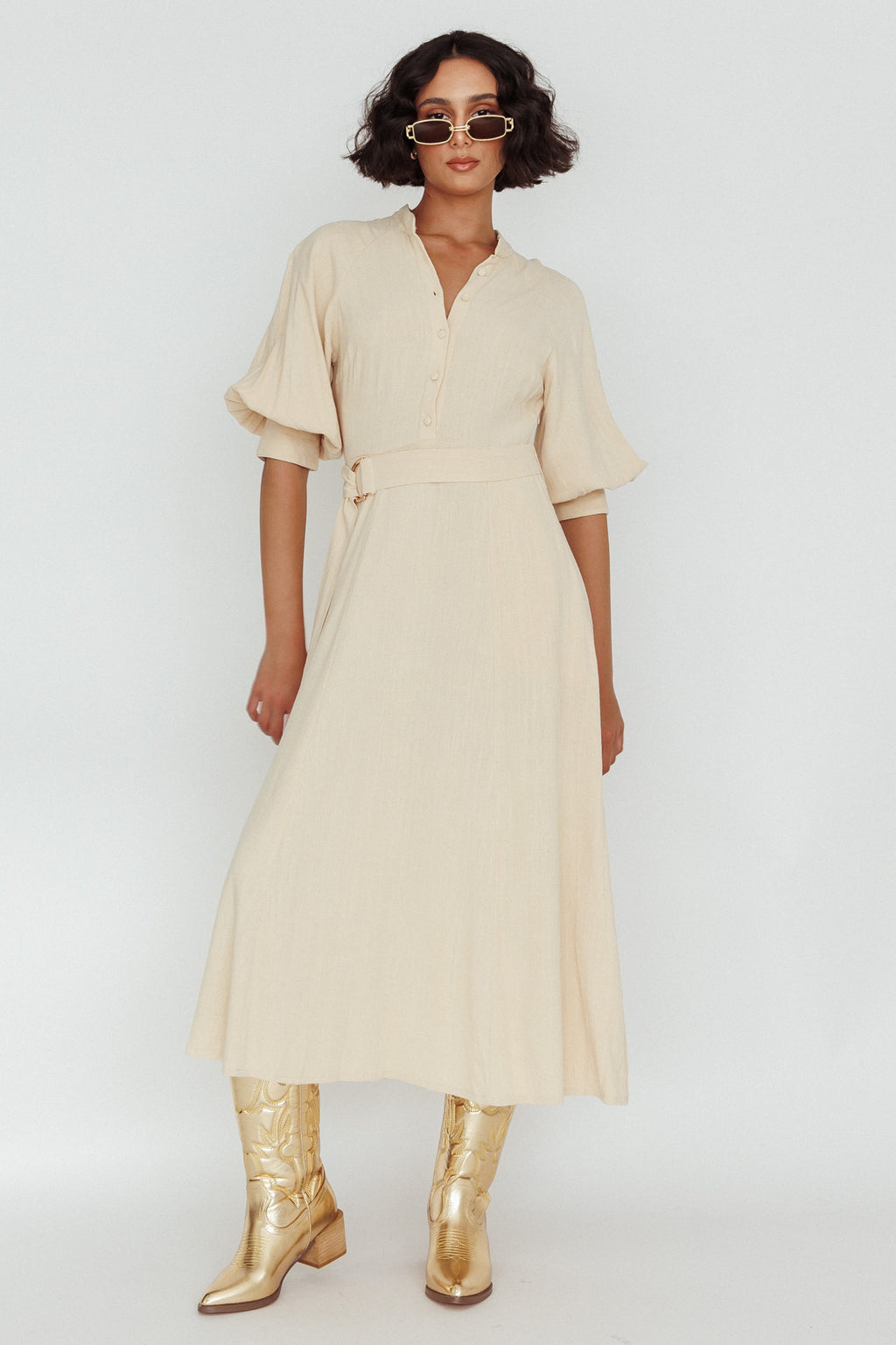 Mallory Belted Waist Lantern Sleeve Midi Dress Beige by Selfie Leslie