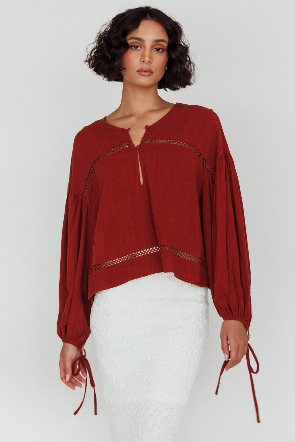 Waltz Long Sleeve Embroidery Trim Top Tobacco by Selfie Leslie