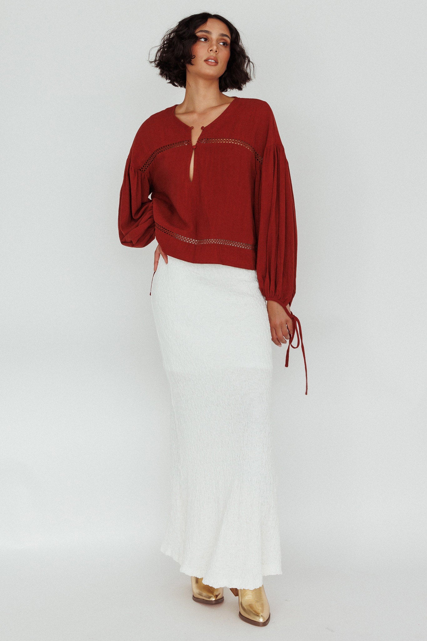 Waltz Long Sleeve Embroidery Trim Top Tobacco by Selfie Leslie
