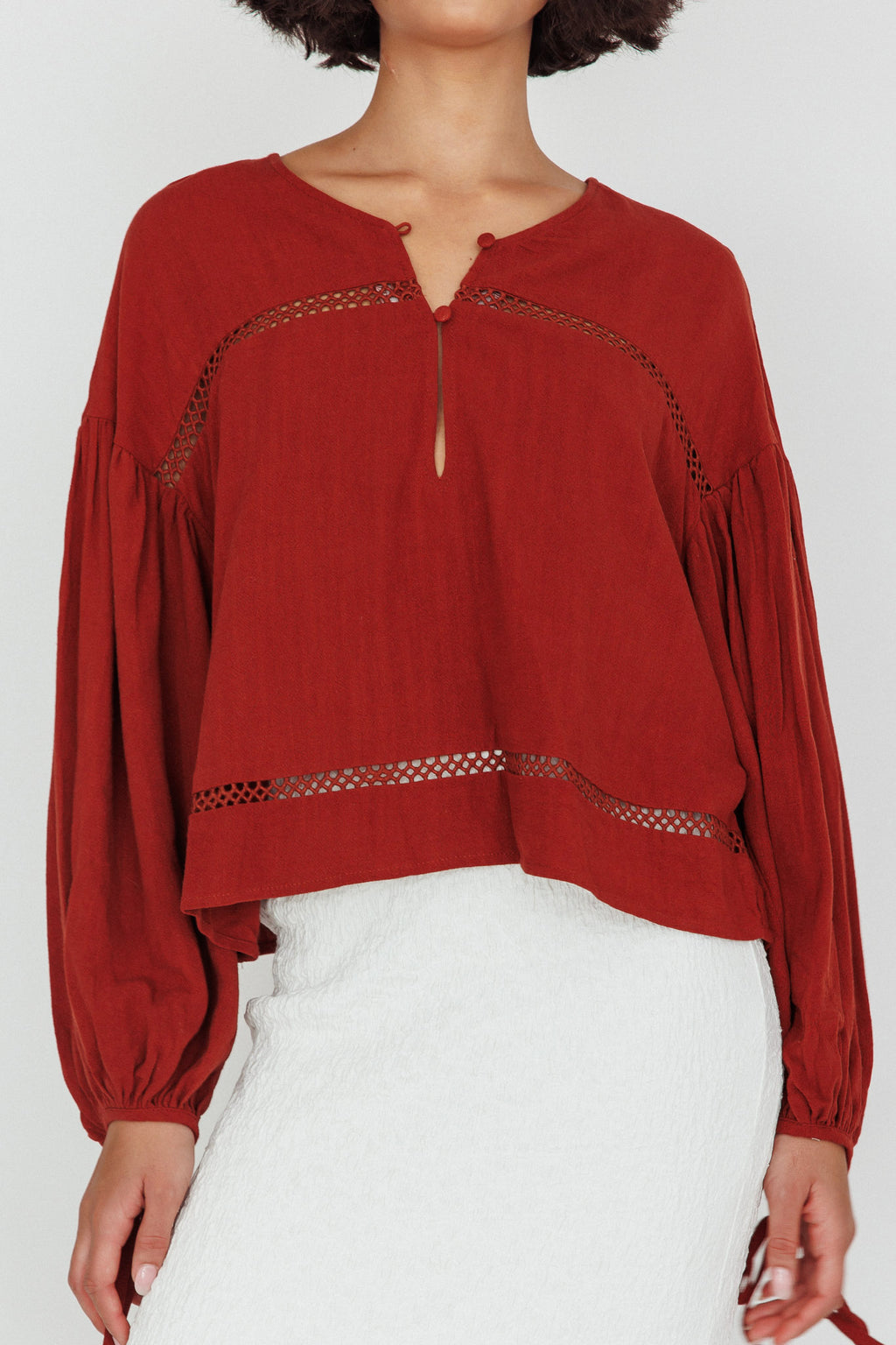 Waltz Long Sleeve Embroidery Trim Top Tobacco by Selfie Leslie